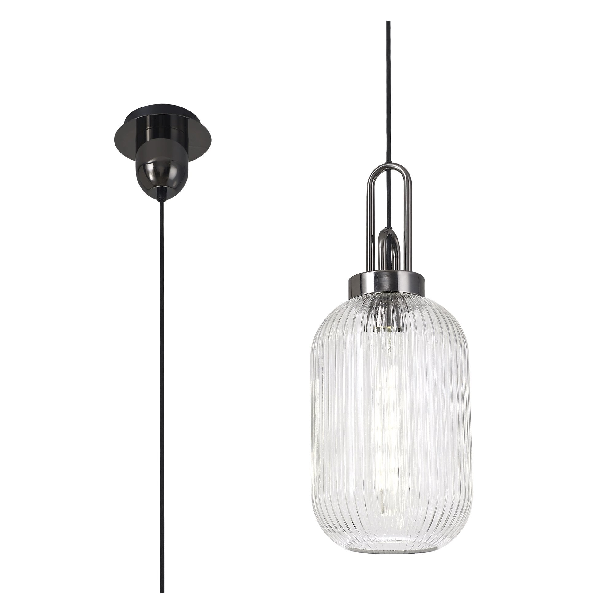 Fabula Springfield Single Pendant - 20cm Tubular Ribbed Glass Shade - Black Chrome & Clear Glass