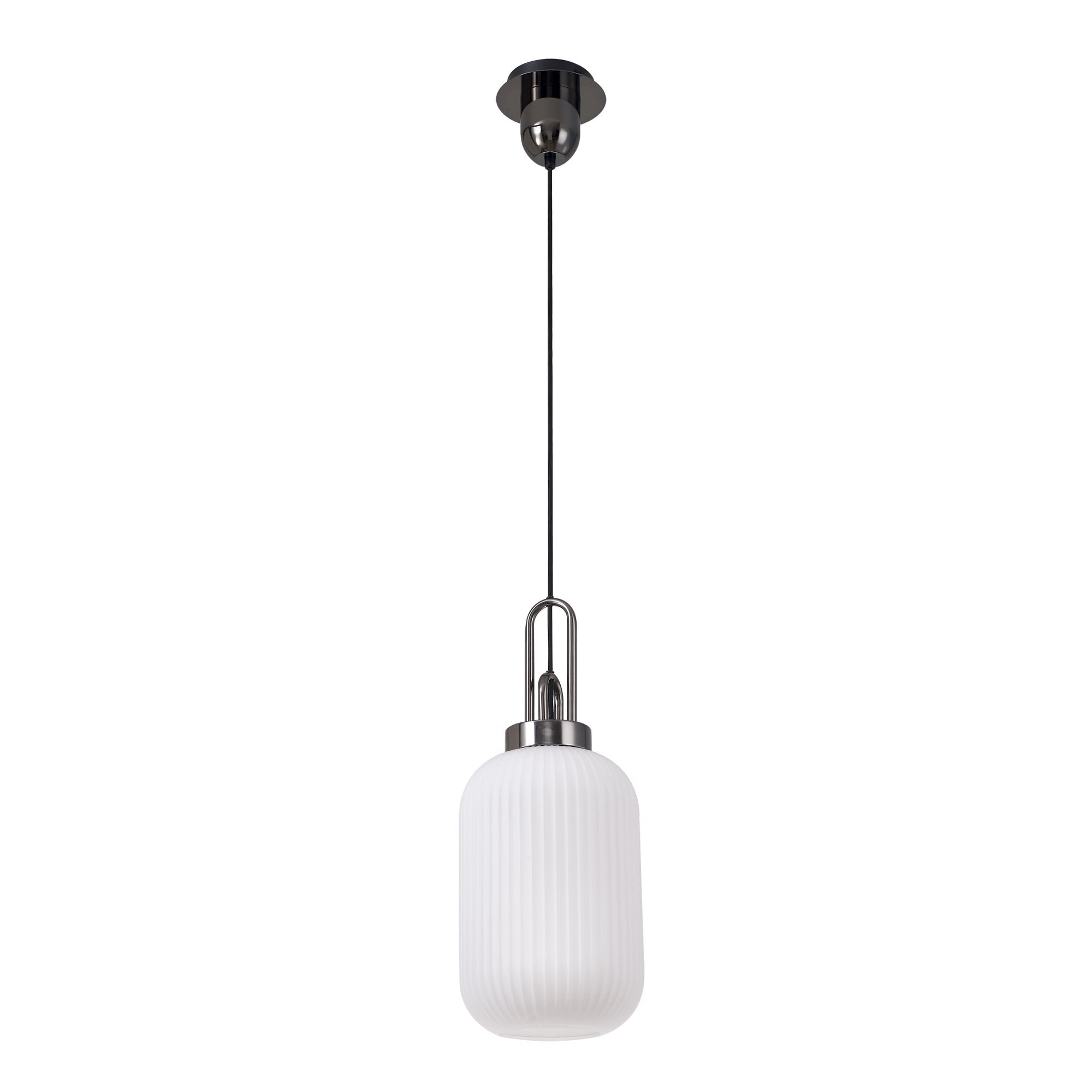 Fabula Springfield Single Pendant - 20cm Tubular Ribbed Glass Shade - Black Chrome & Opal Glass