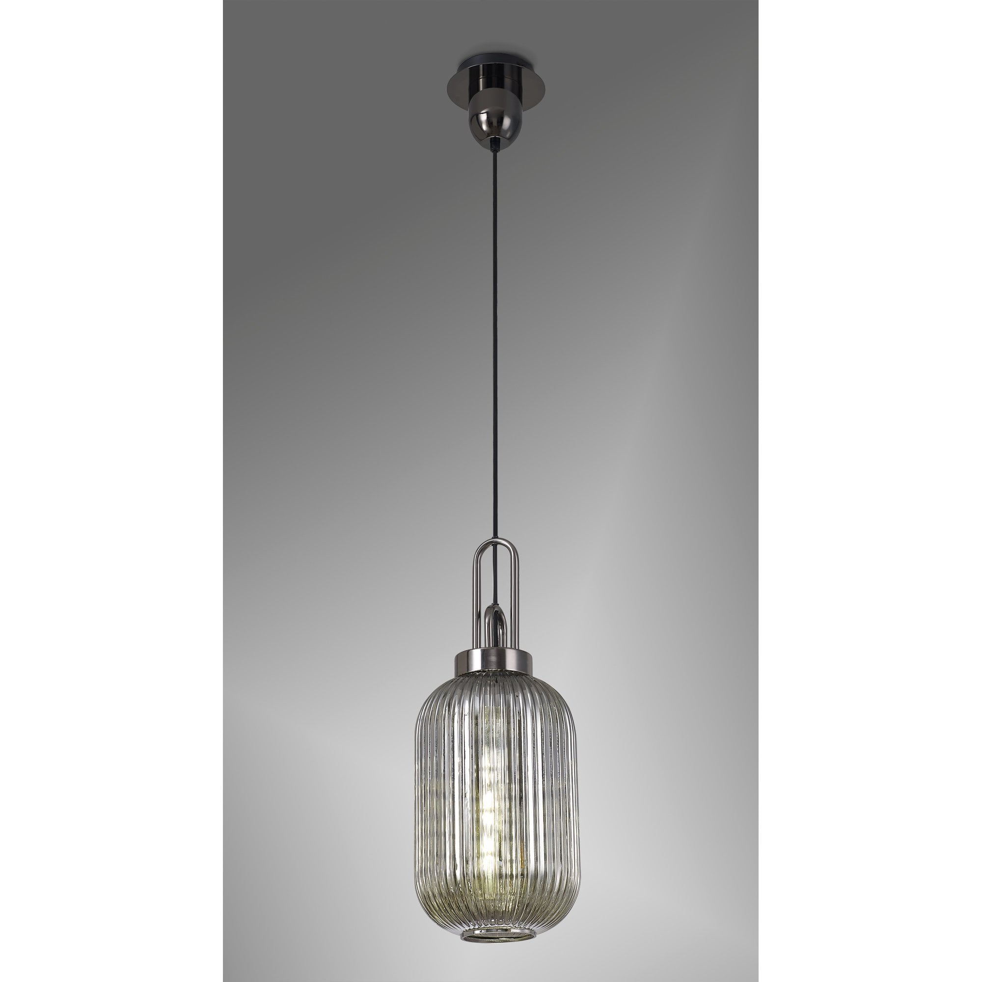 Fabula Springfield Single Pendant - 20cm Tubular Ribbed Glass Shade - Black Chrome & Smoked Glass