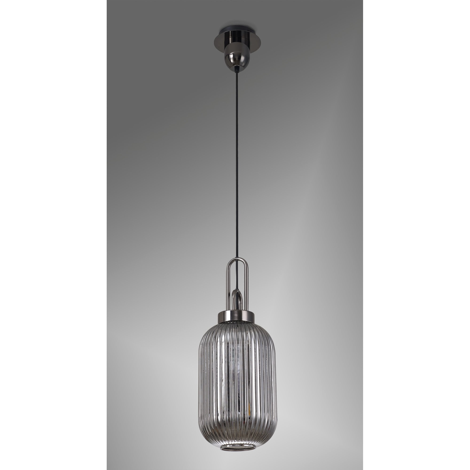 Fabula Springfield Single Pendant - 20cm Tubular Ribbed Glass Shade - Black Chrome & Smoked Glass