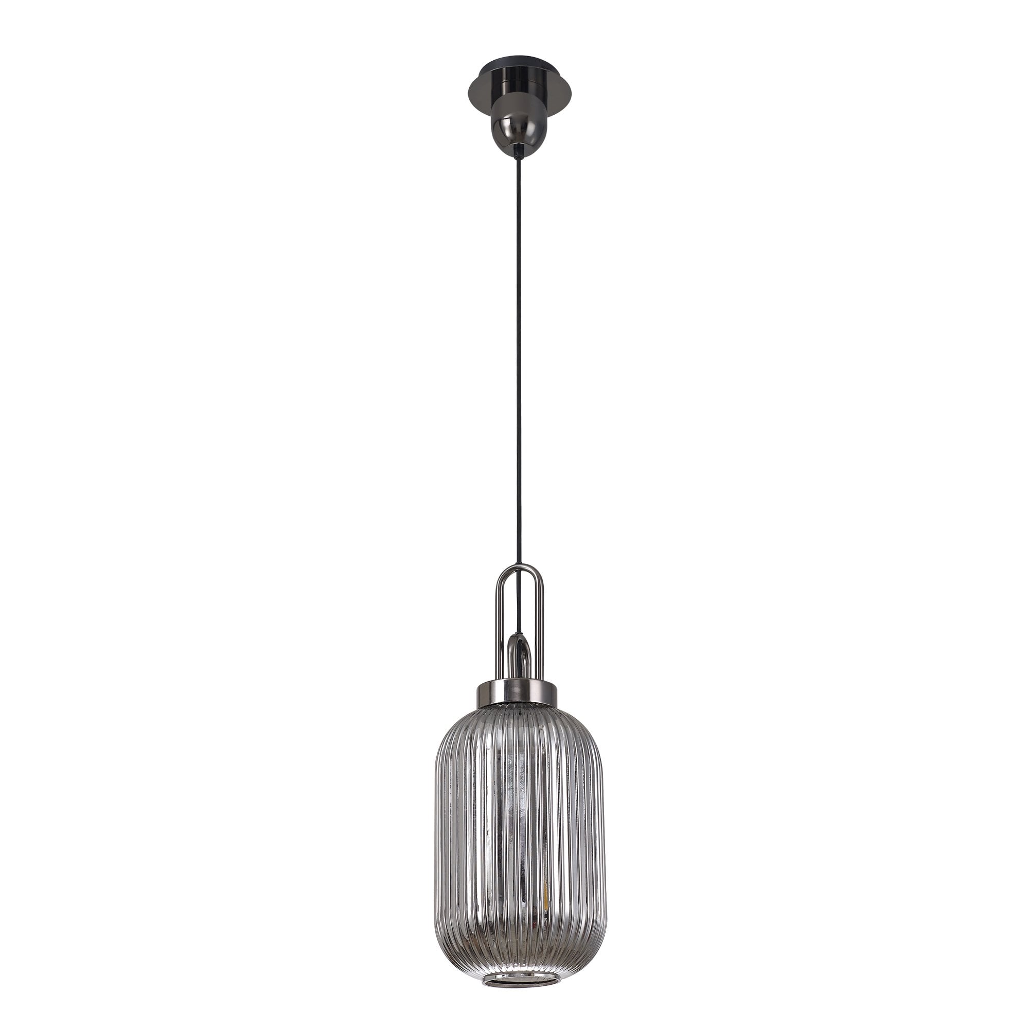 Fabula Springfield Single Pendant - 20cm Tubular Ribbed Glass Shade - Black Chrome & Smoked Glass