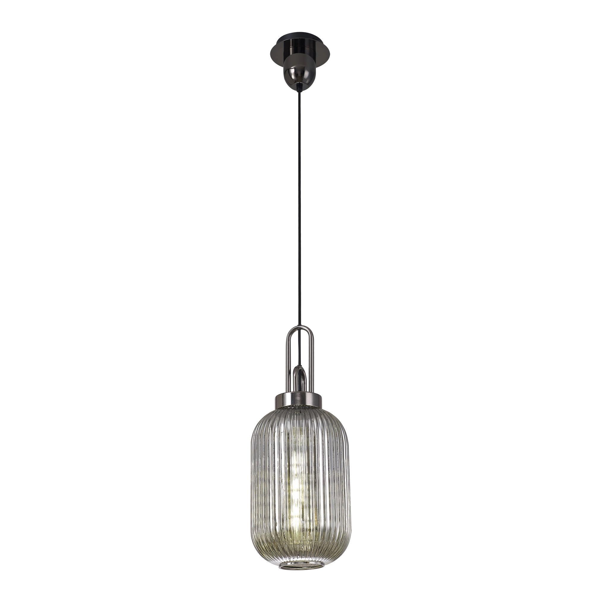 Fabula Springfield Single Pendant - 20cm Tubular Ribbed Glass Shade - Black Chrome & Smoked Glass