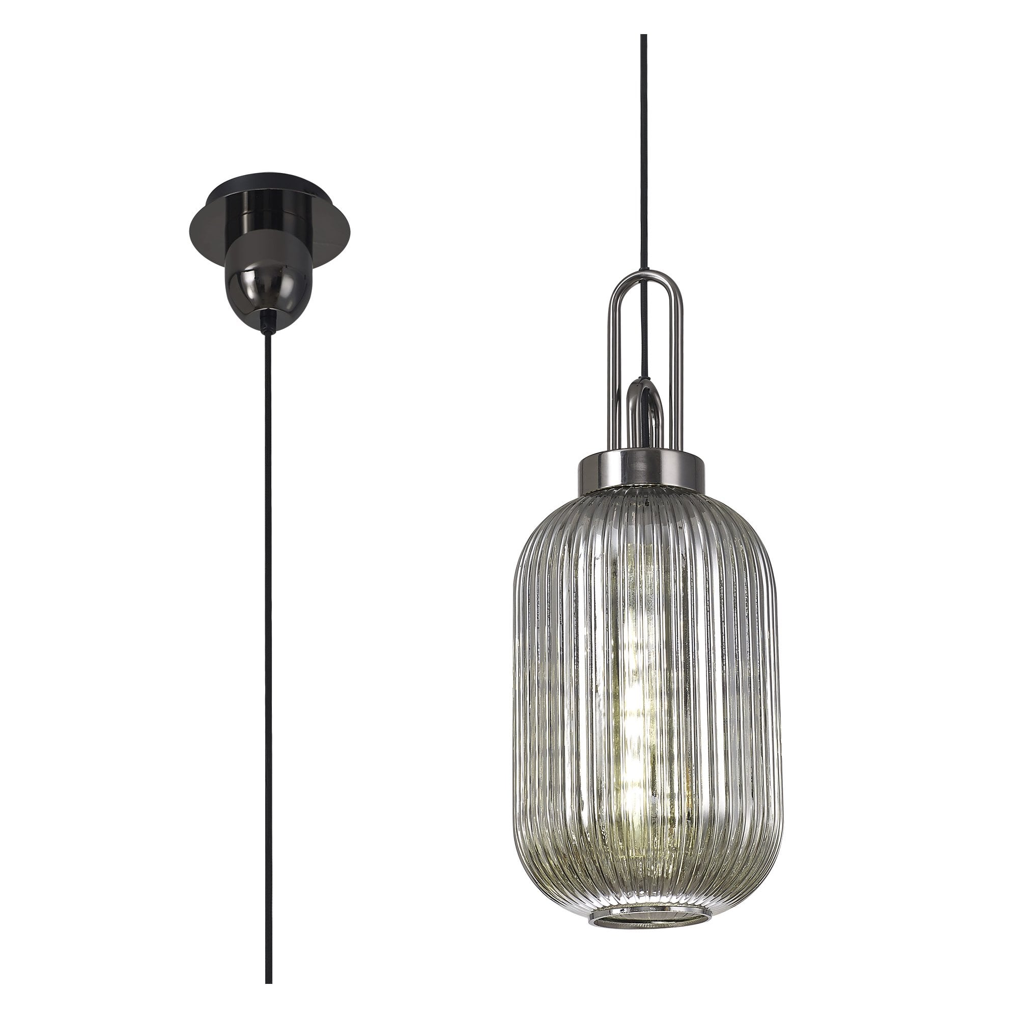 Fabula Springfield Single Pendant - 20cm Tubular Ribbed Glass Shade - Black Chrome & Smoked Glass