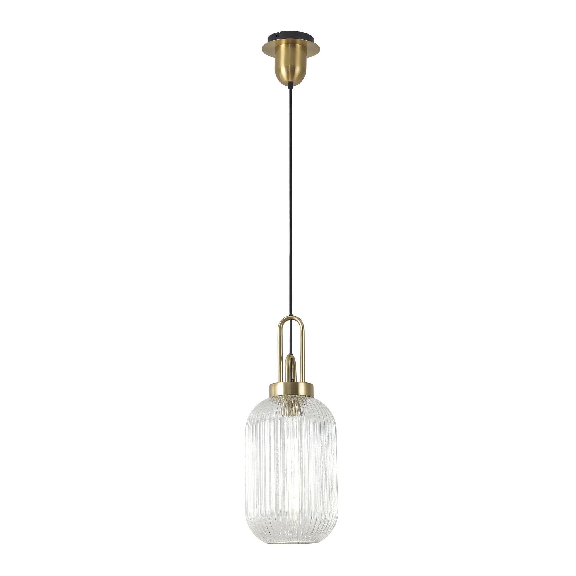 Fabula Springfield Single Pendant - 20cm Tubular Ribbed Glass Shade - Brass Gold & Clear Glass