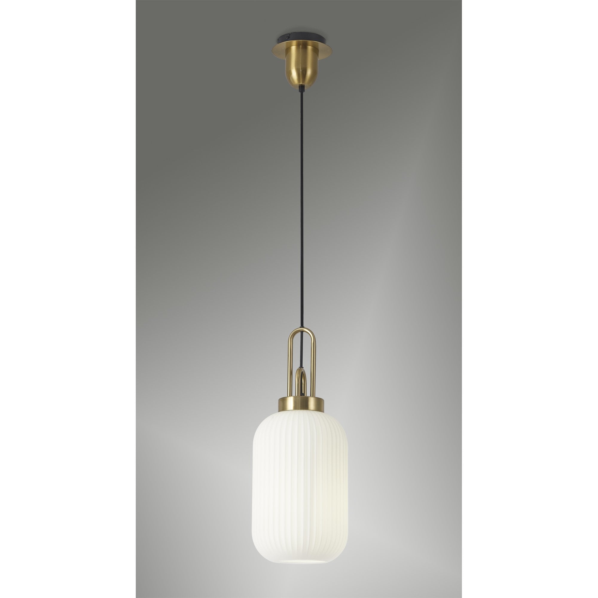 Fabula Springfield Single Pendant - 20cm Tubular Ribbed Glass Shade - Brass Gold & Opal Glass