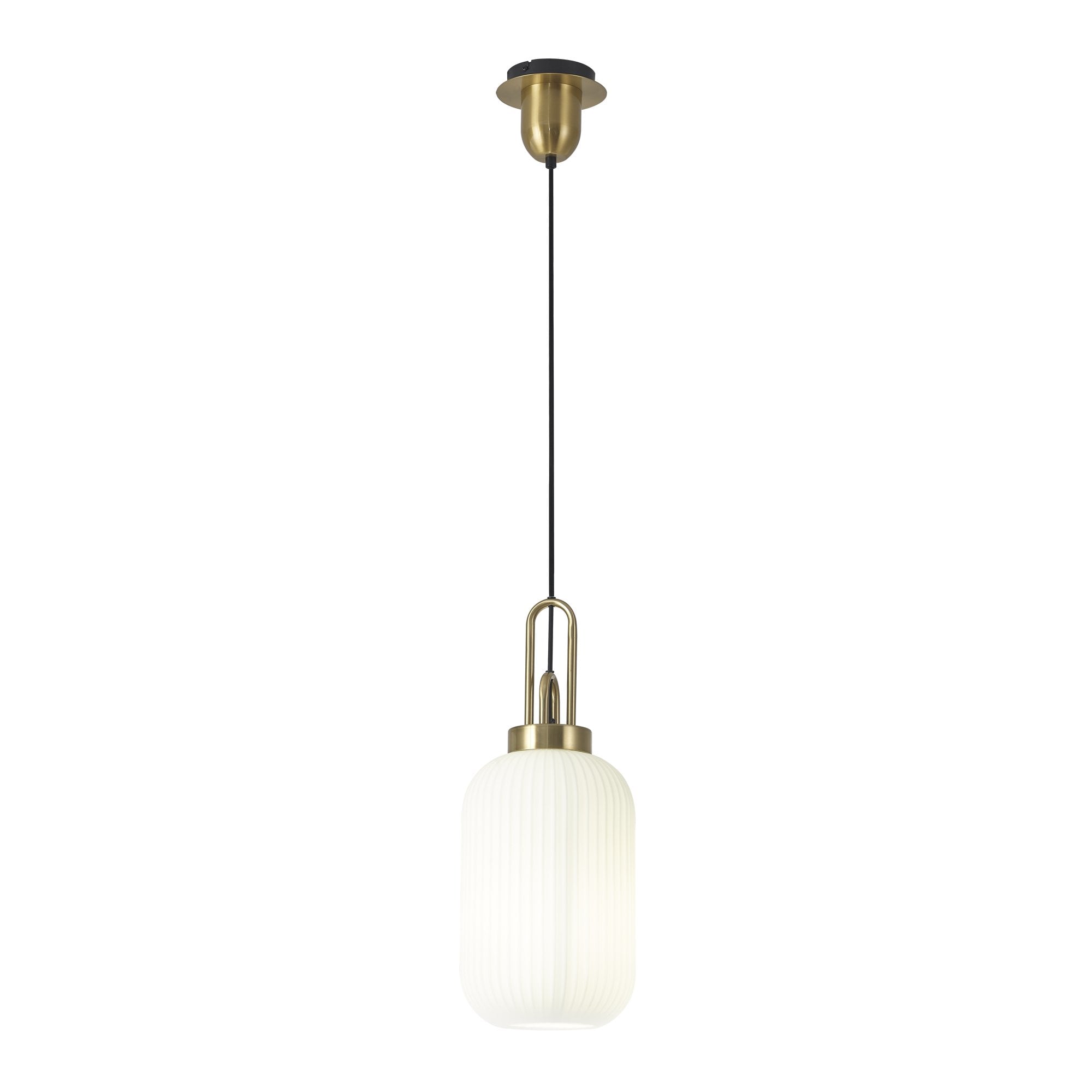 Fabula Springfield Single Pendant - 20cm Tubular Ribbed Glass Shade - Brass Gold & Opal Glass