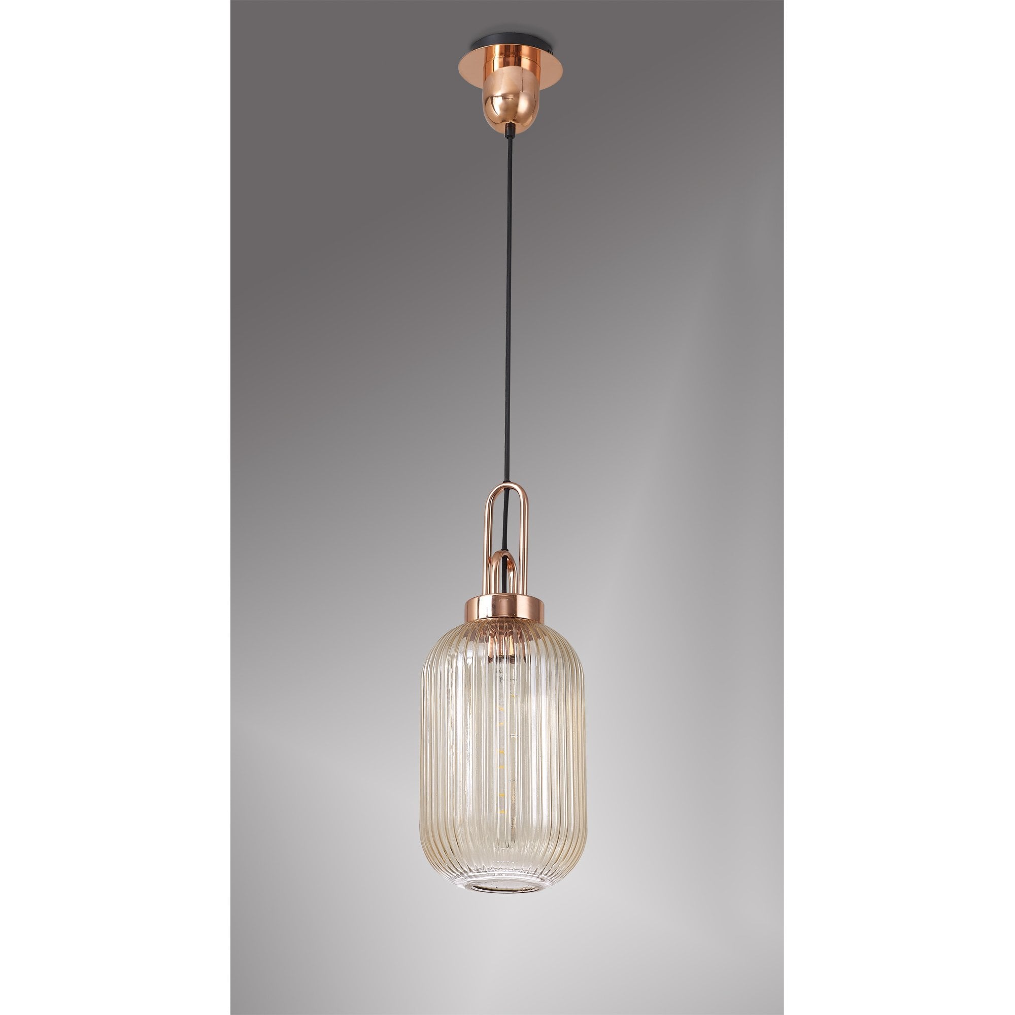 Fabula Springfield Single Pendant - 20cm Tubular Ribbed Glass Shade - Copper & Champagne Glass