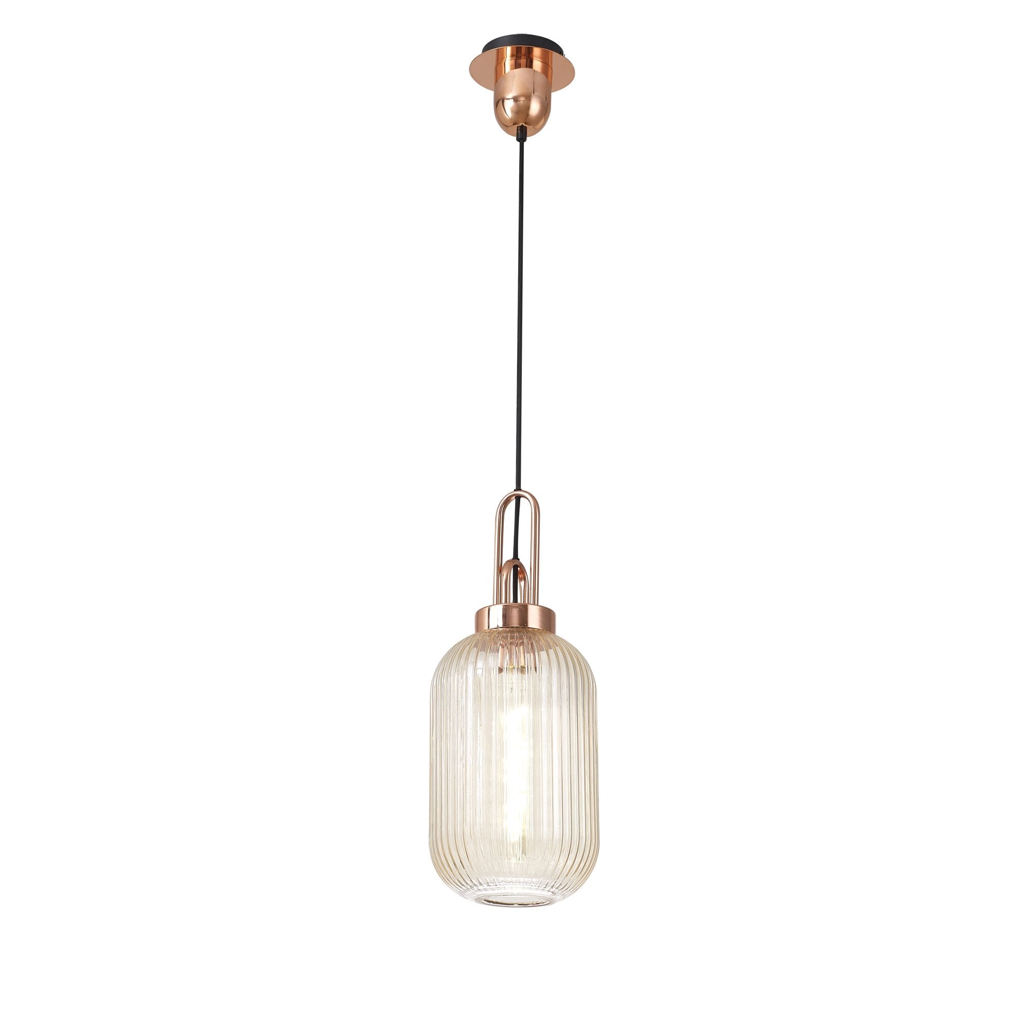 Fabula Springfield Single Pendant - 20cm Tubular Ribbed Glass Shade - Copper & Champagne Glass