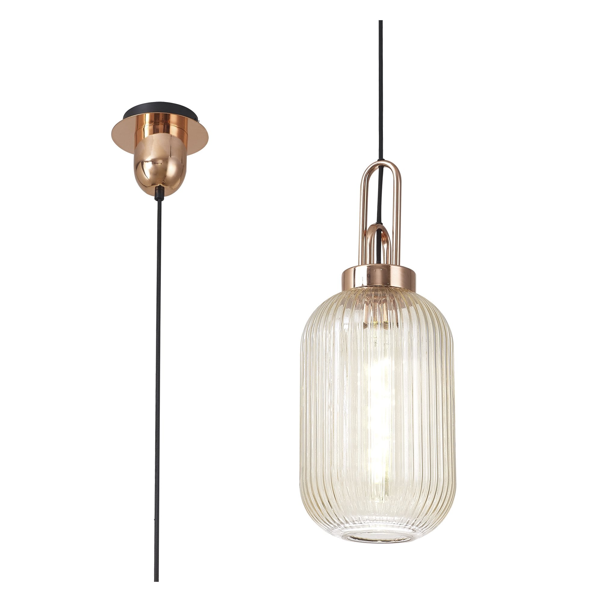 Fabula Springfield Single Pendant - 20cm Tubular Ribbed Glass Shade - Copper & Champagne Glass