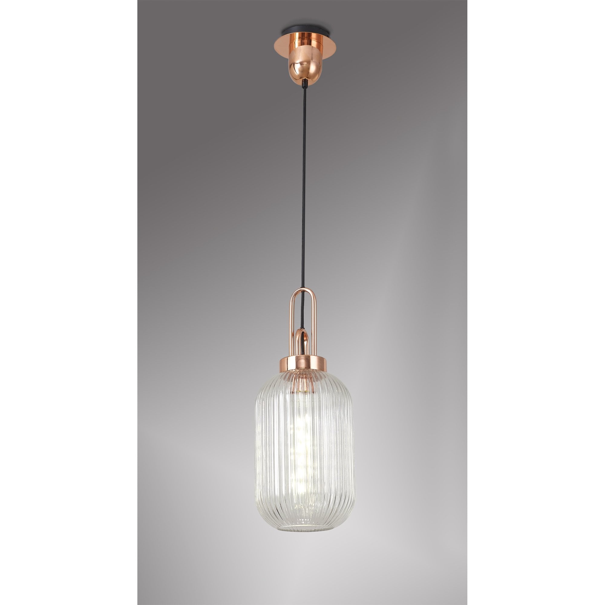 Fabula Springfield Single Pendant - 20cm Tubular Ribbed Glass Shade - Copper & Clear Glass