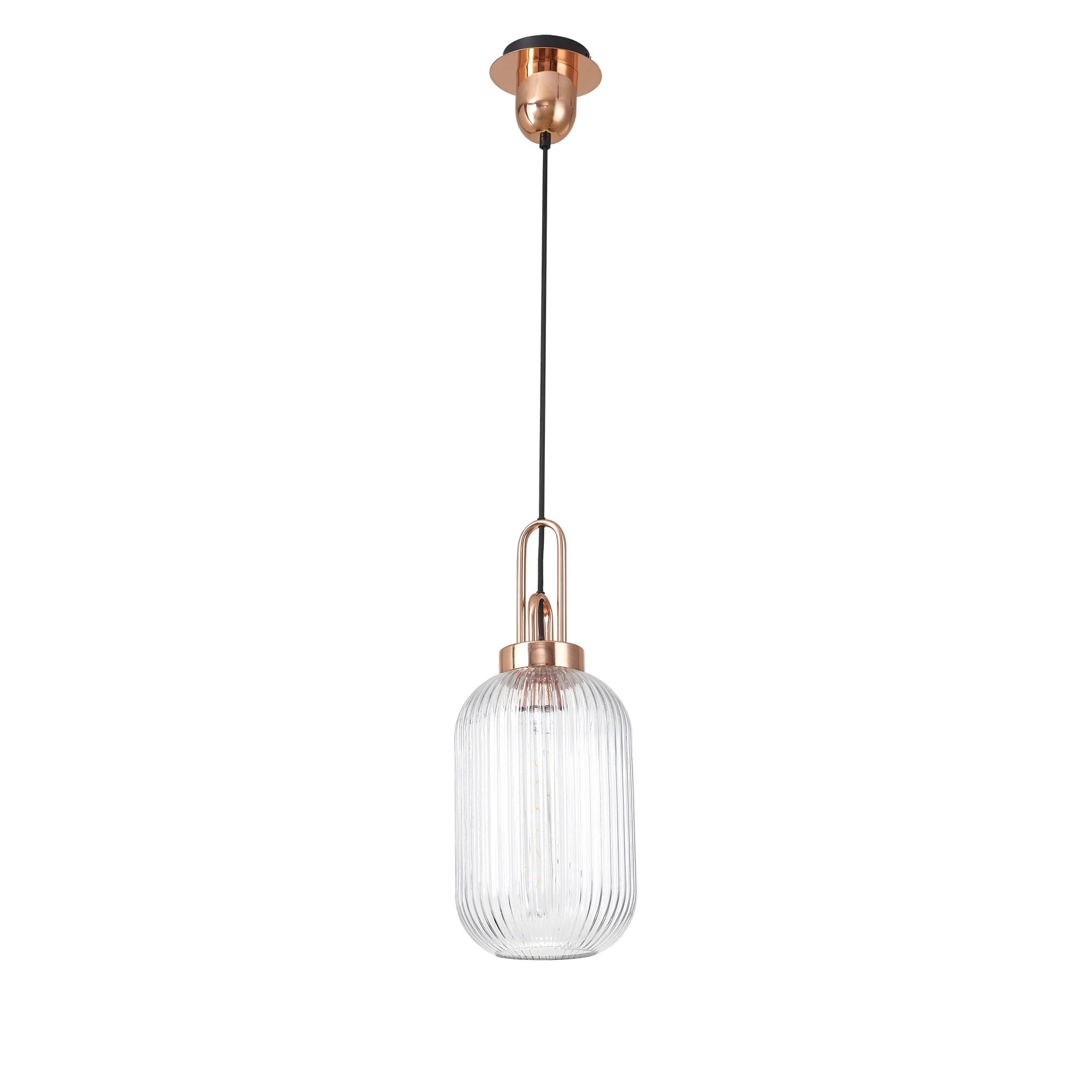Fabula Springfield Single Pendant - 20cm Tubular Ribbed Glass Shade - Copper & Clear Glass