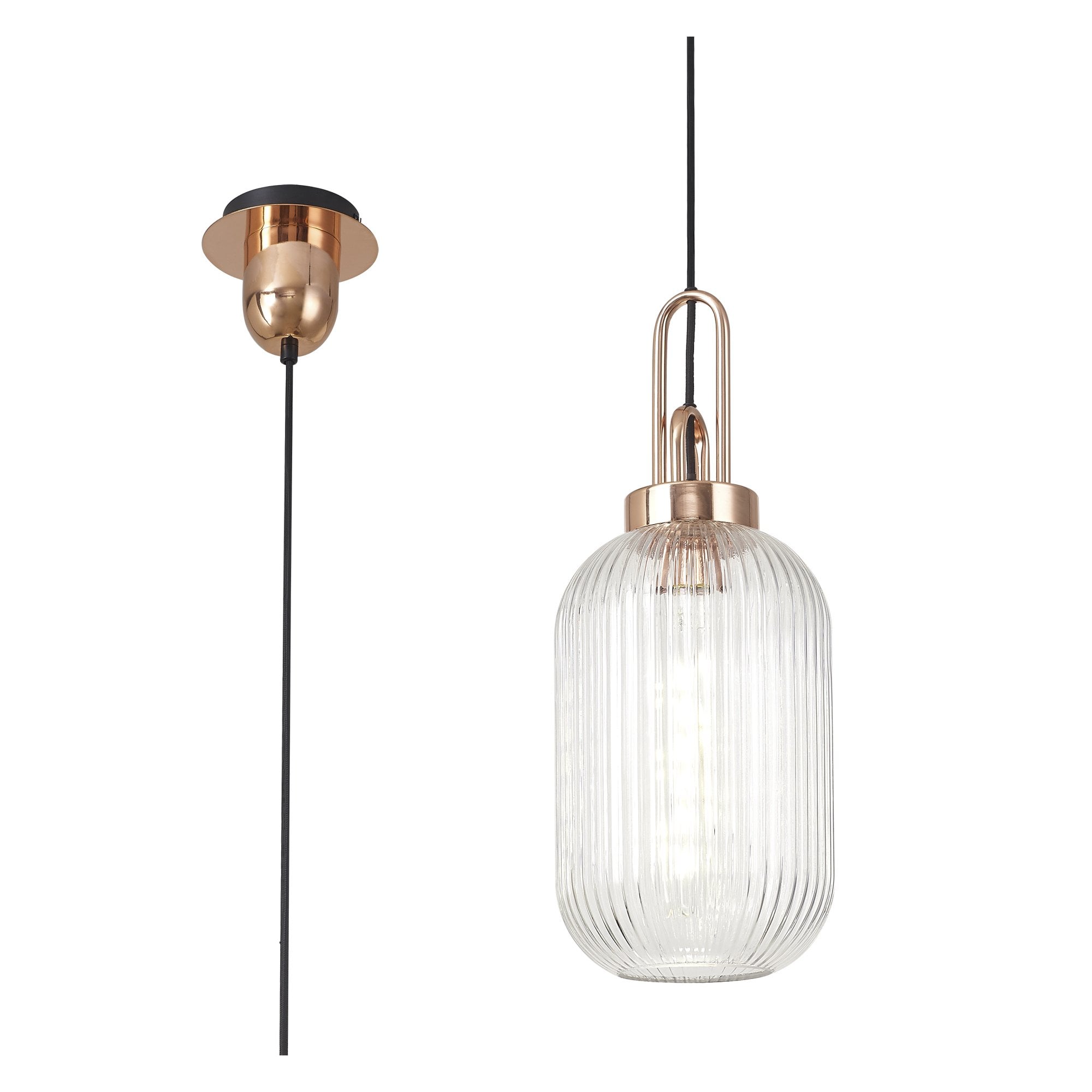 Fabula Springfield Single Pendant - 20cm Tubular Ribbed Glass Shade - Copper & Clear Glass