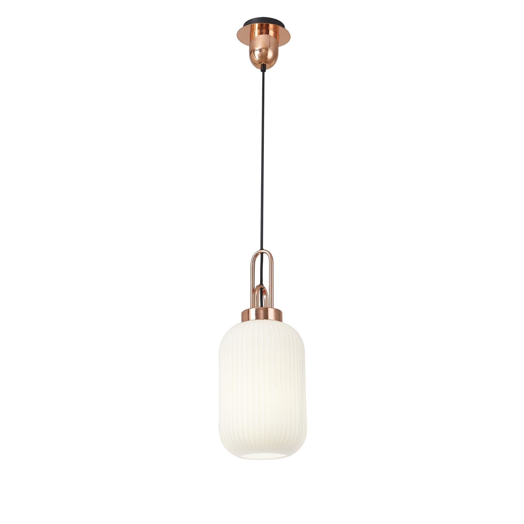 Fabula Springfield Single Pendant - 20cm Tubular Ribbed Glass Shade - Copper & Opal Glass