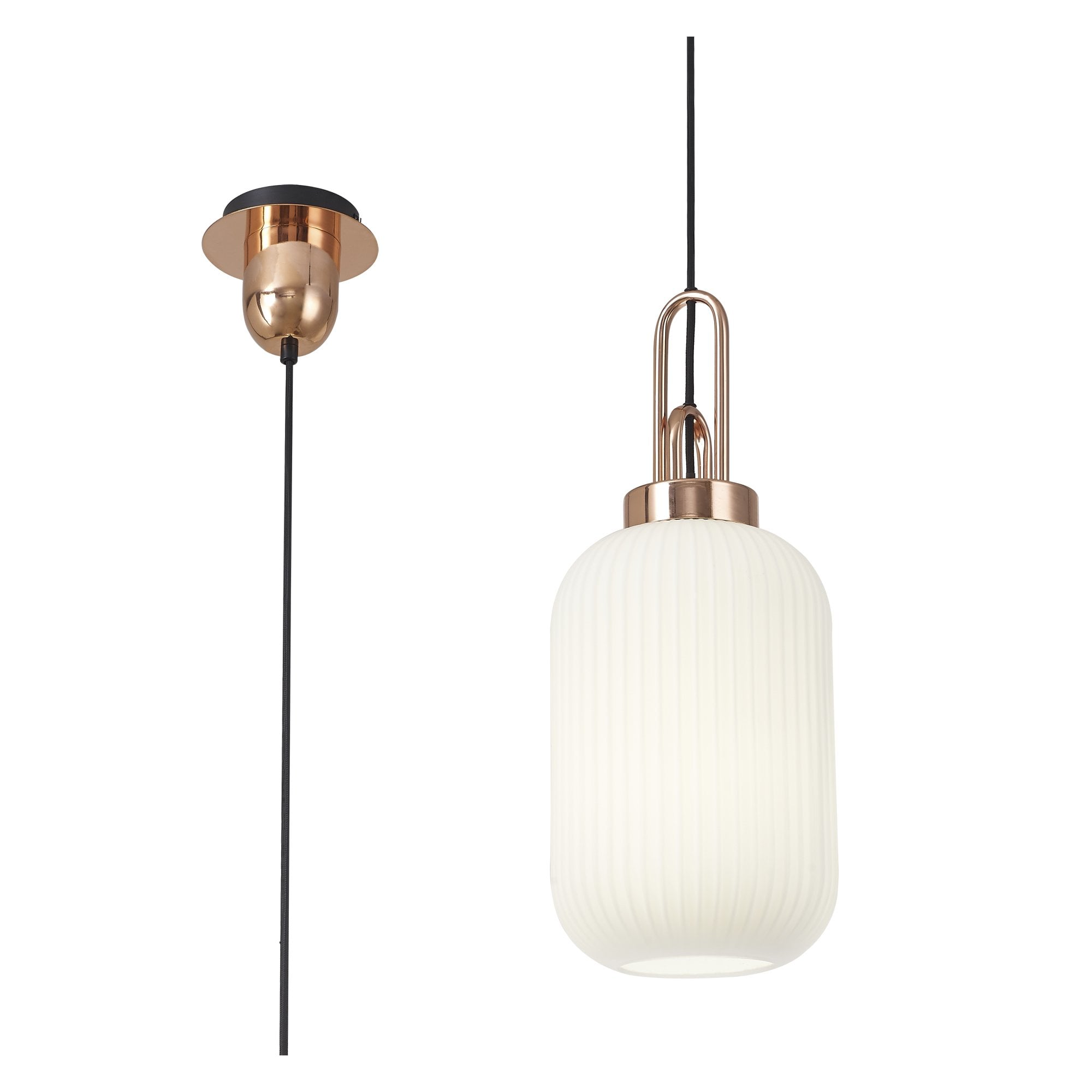 Fabula Springfield Single Pendant - 20cm Tubular Ribbed Glass Shade - Copper & Opal Glass