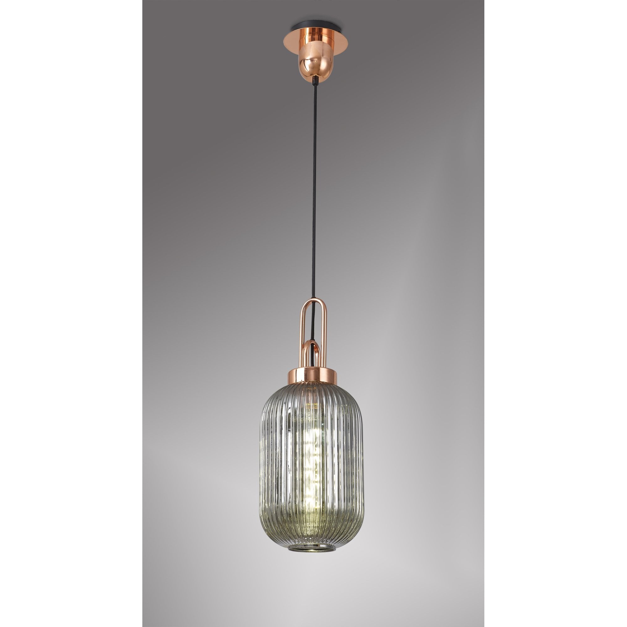 Fabula Springfield Single Pendant - 20cm Tubular Ribbed Glass Shade - Copper & Smoked Glass