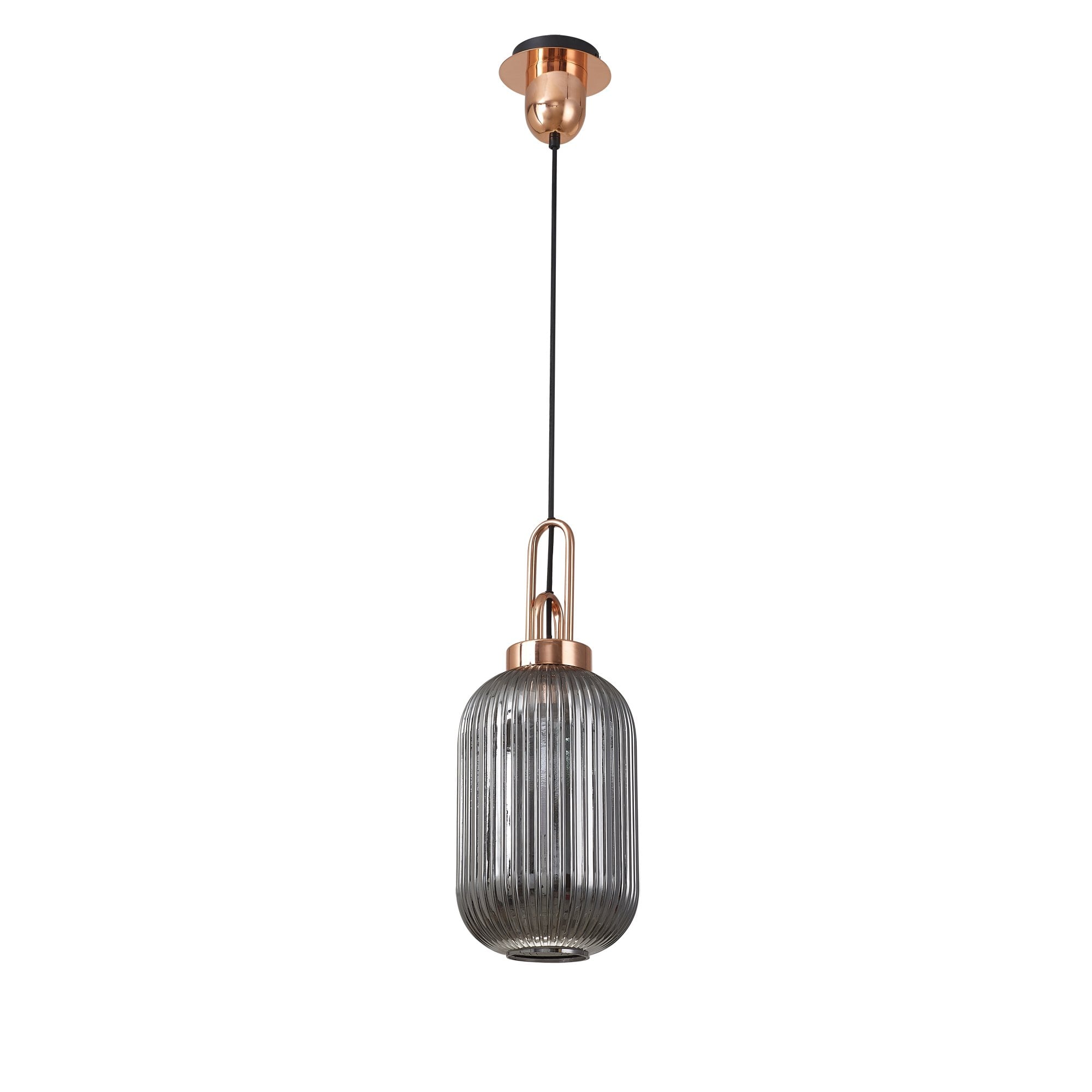 Fabula Springfield Single Pendant - 20cm Tubular Ribbed Glass Shade - Copper & Smoked Glass