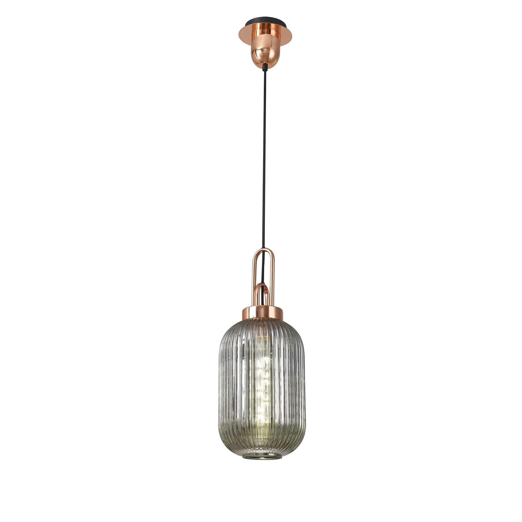 Fabula Springfield Single Pendant - 20cm Tubular Ribbed Glass Shade - Copper & Smoked Glass