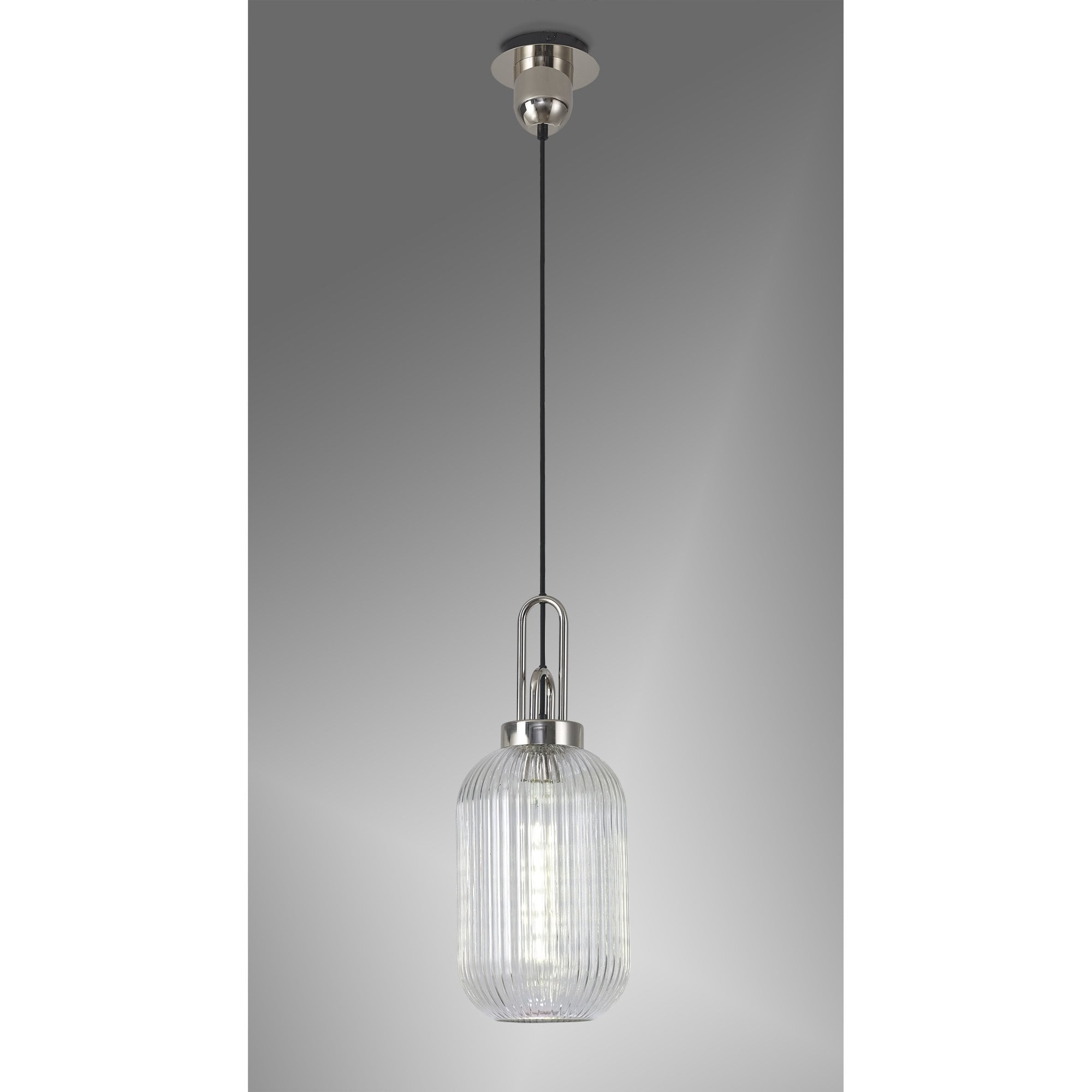 Fabula Springfield Single Pendant - 20cm Tubular Ribbed Glass Shade - Polished Nickel & Clear Glass