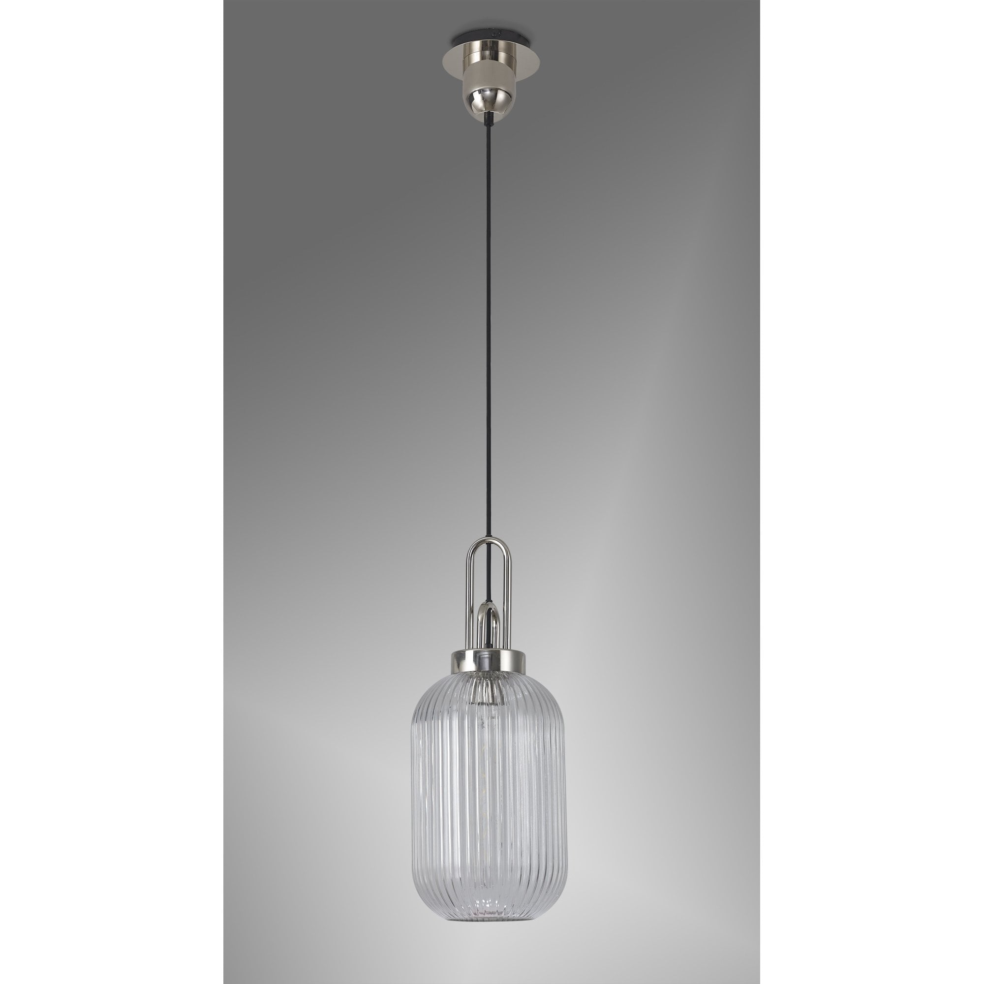 Fabula Springfield Single Pendant - 20cm Tubular Ribbed Glass Shade - Polished Nickel & Clear Glass