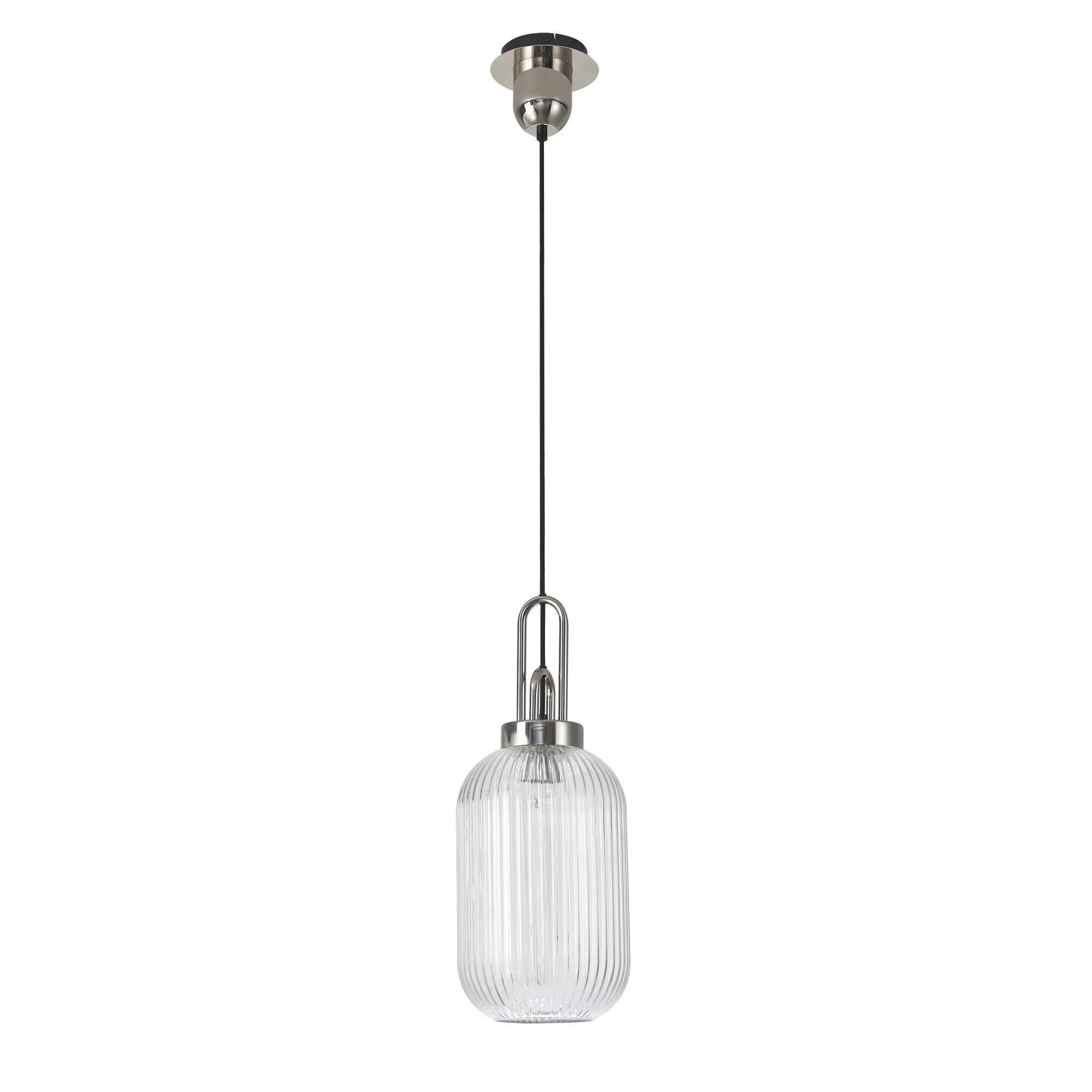 Fabula Springfield Single Pendant - 20cm Tubular Ribbed Glass Shade - Polished Nickel & Clear Glass
