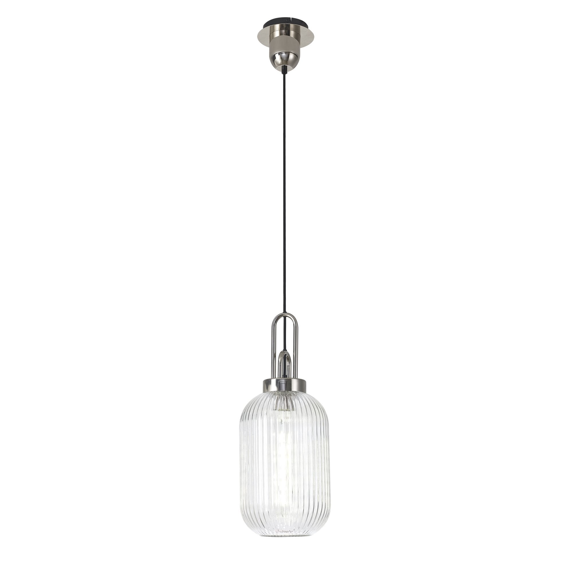 Fabula Springfield Single Pendant - 20cm Tubular Ribbed Glass Shade - Polished Nickel & Clear Glass