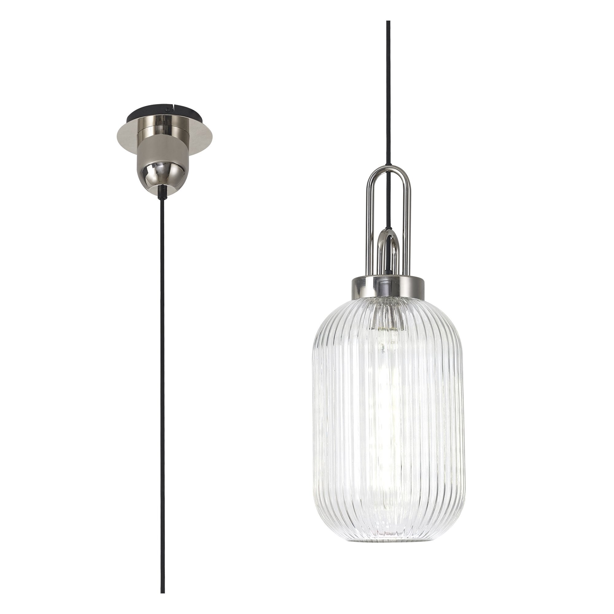 Fabula Springfield Single Pendant - 20cm Tubular Ribbed Glass Shade - Polished Nickel & Clear Glass