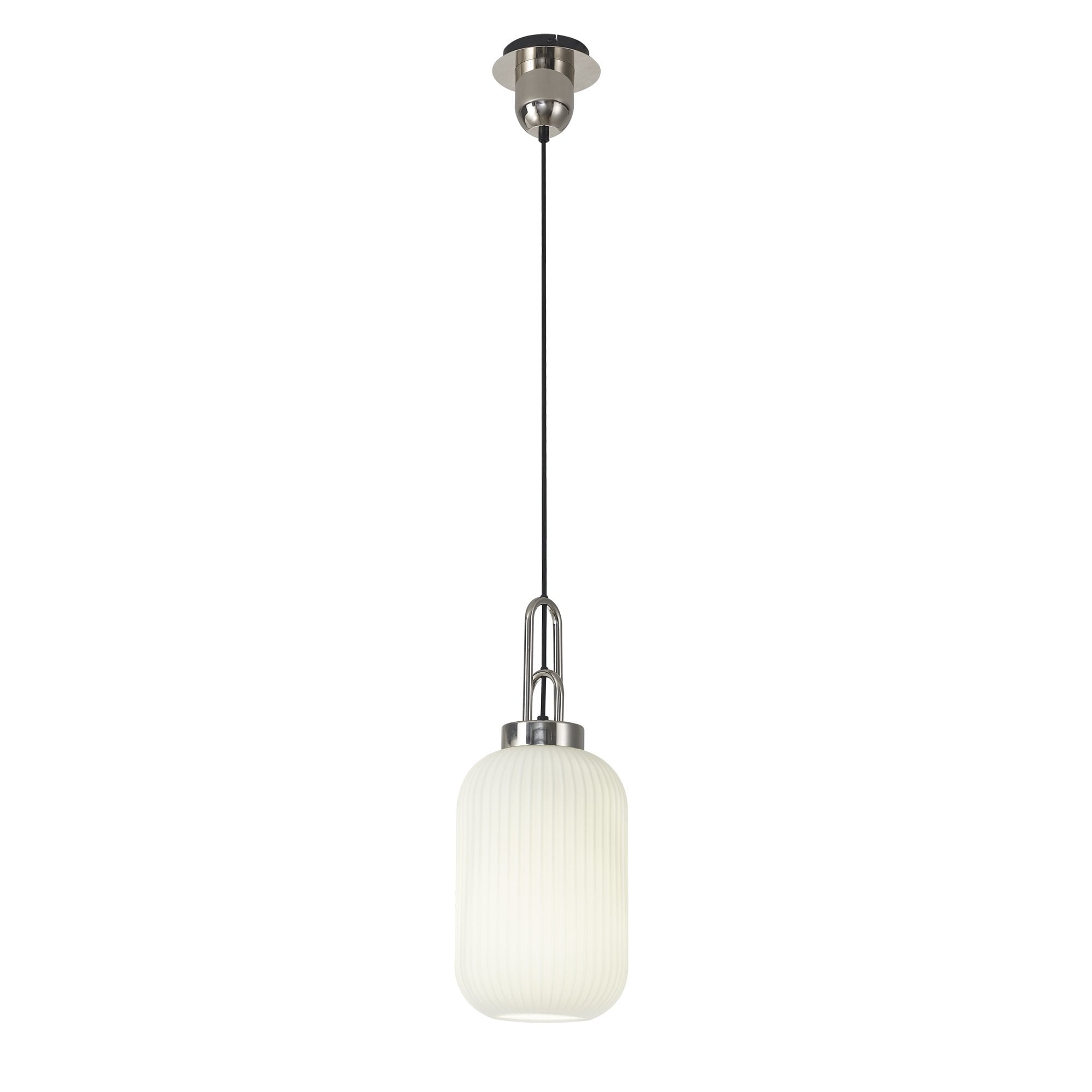 Fabula Springfield Single Pendant - 20cm Tubular Ribbed Glass Shade - Polished Nickel & Opal Glass