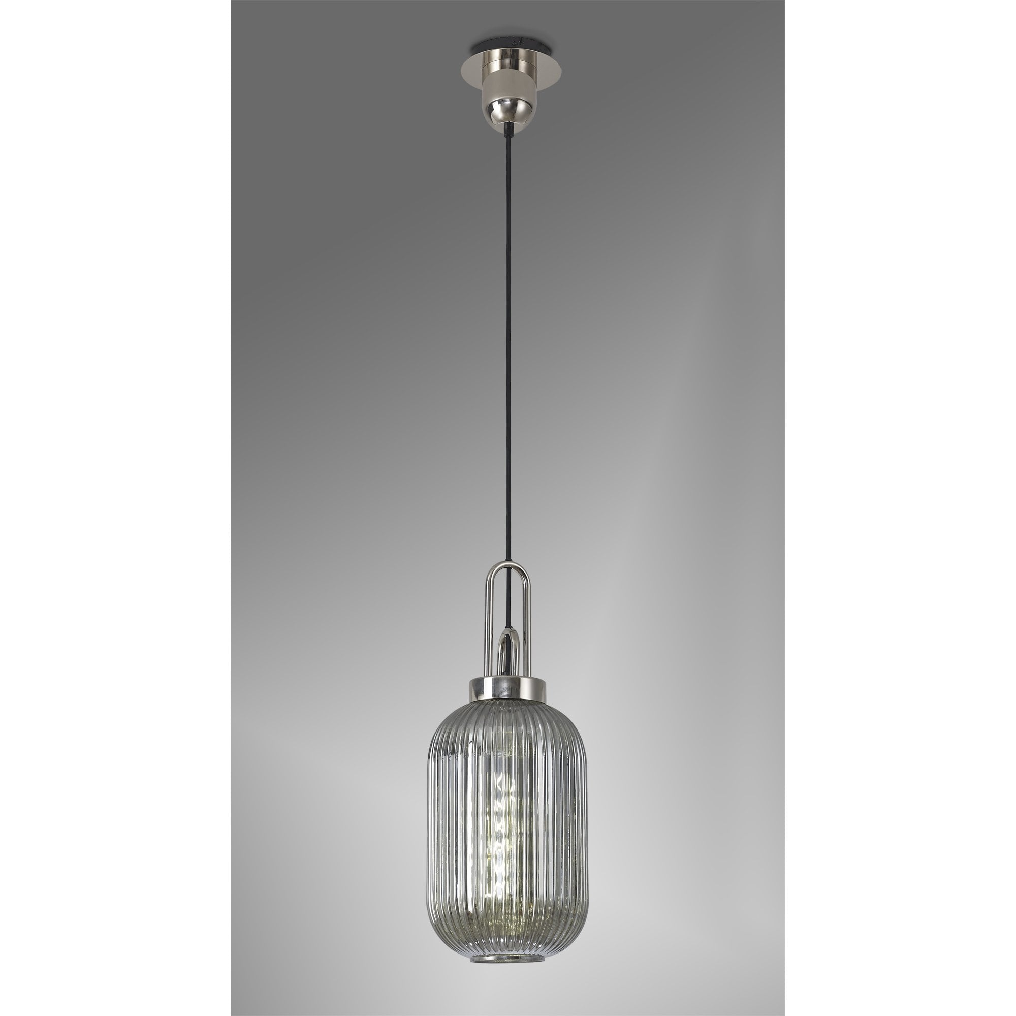 Fabula Springfield Single Pendant - 20cm Tubular Ribbed Glass Shade - Polished Nickel & Smoked Glass