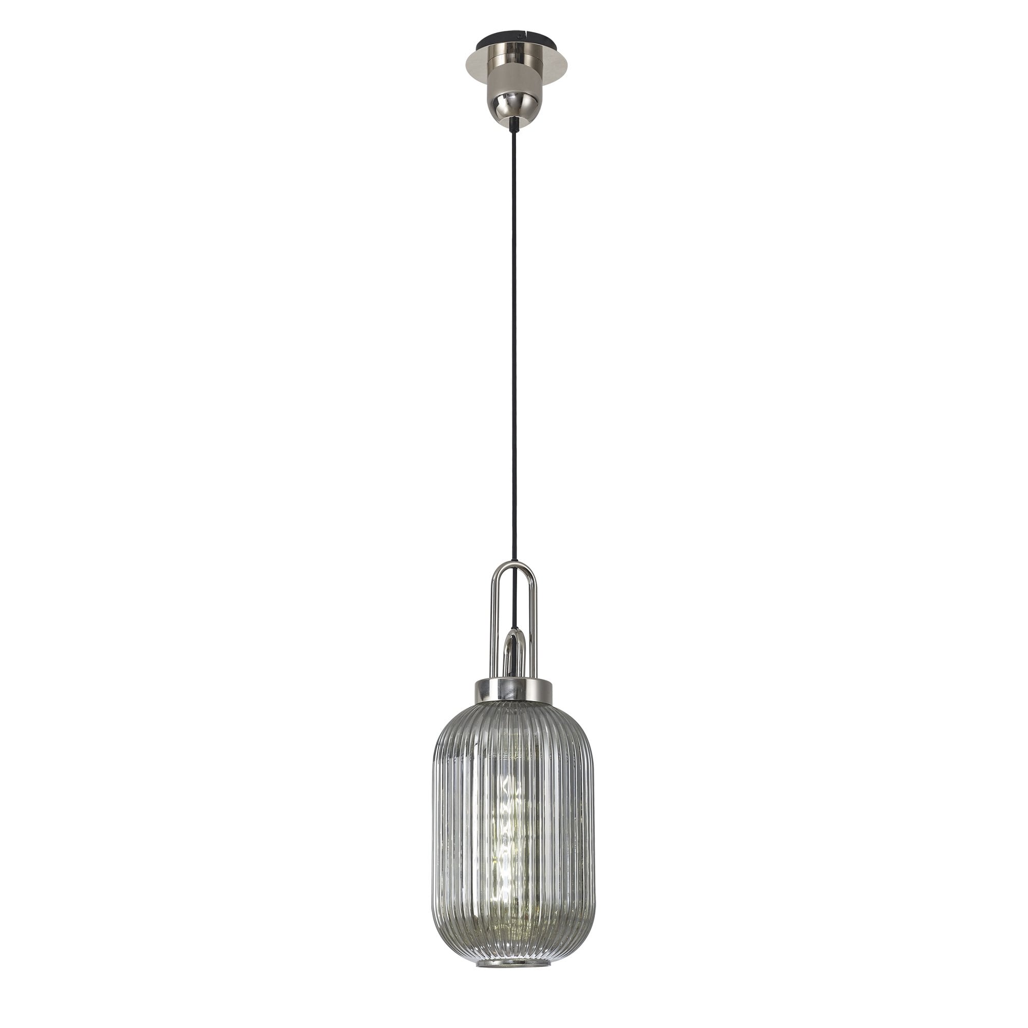 Fabula Springfield Single Pendant - 20cm Tubular Ribbed Glass Shade - Polished Nickel & Smoked Glass