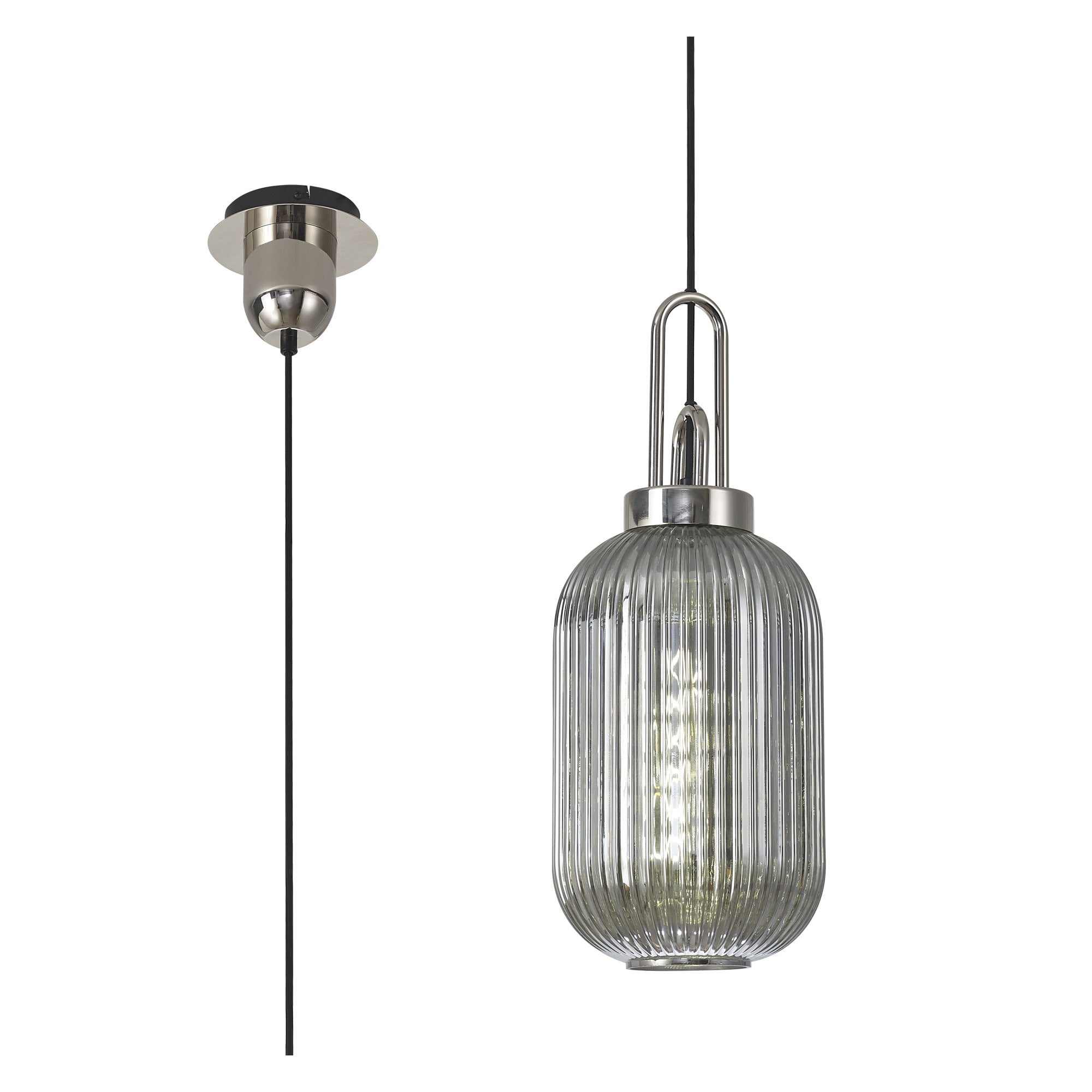 Fabula Springfield Single Pendant - 20cm Tubular Ribbed Glass Shade - Polished Nickel & Smoked Glass