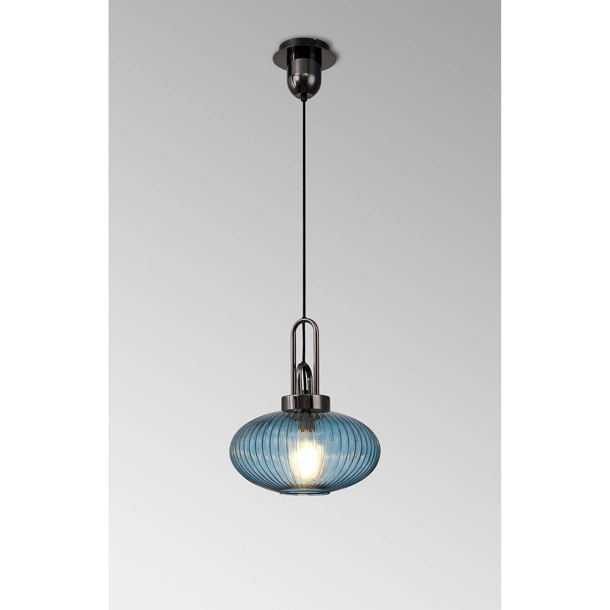 Fabula Springfield Single Pendant - 30cm Oval Sphere Ribbed Glass Shade - Black Chrome & Petrol Blue Glass