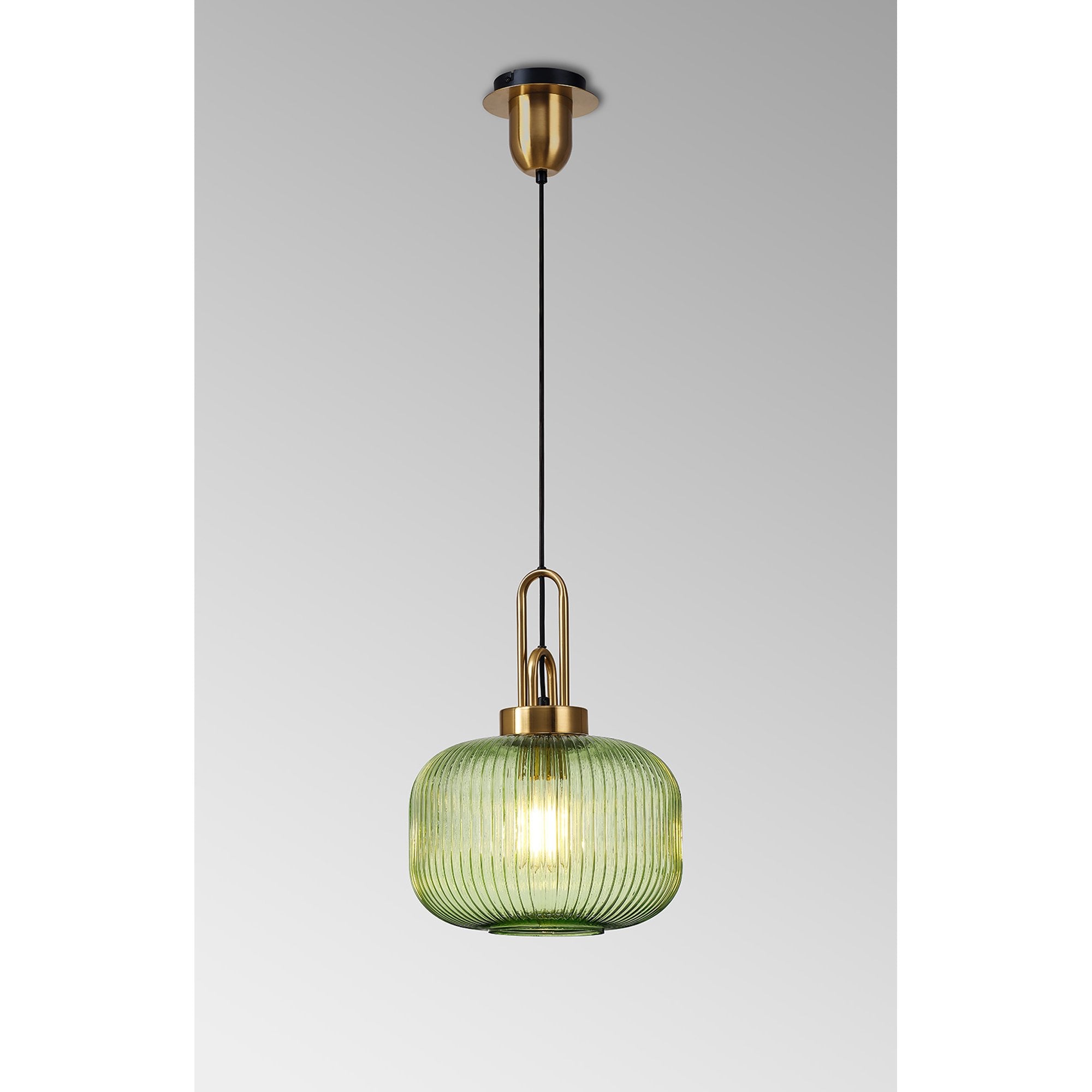 Fabula Springfield Single Pendant - 30cm Pumpkin Ribbed Glass Shade - Brass Gold & Green Glass
