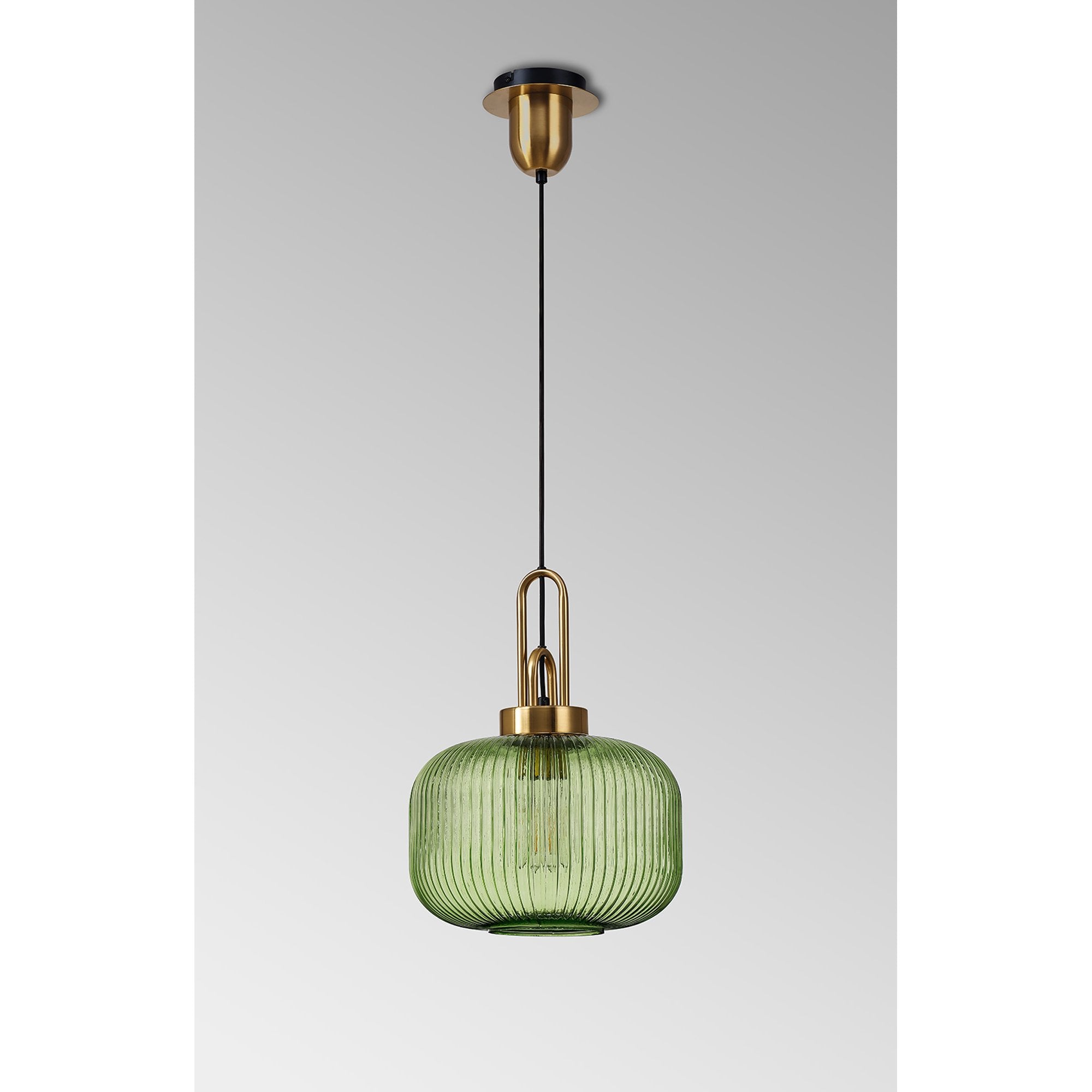 Fabula Springfield Single Pendant - 30cm Pumpkin Ribbed Glass Shade - Brass Gold & Green Glass