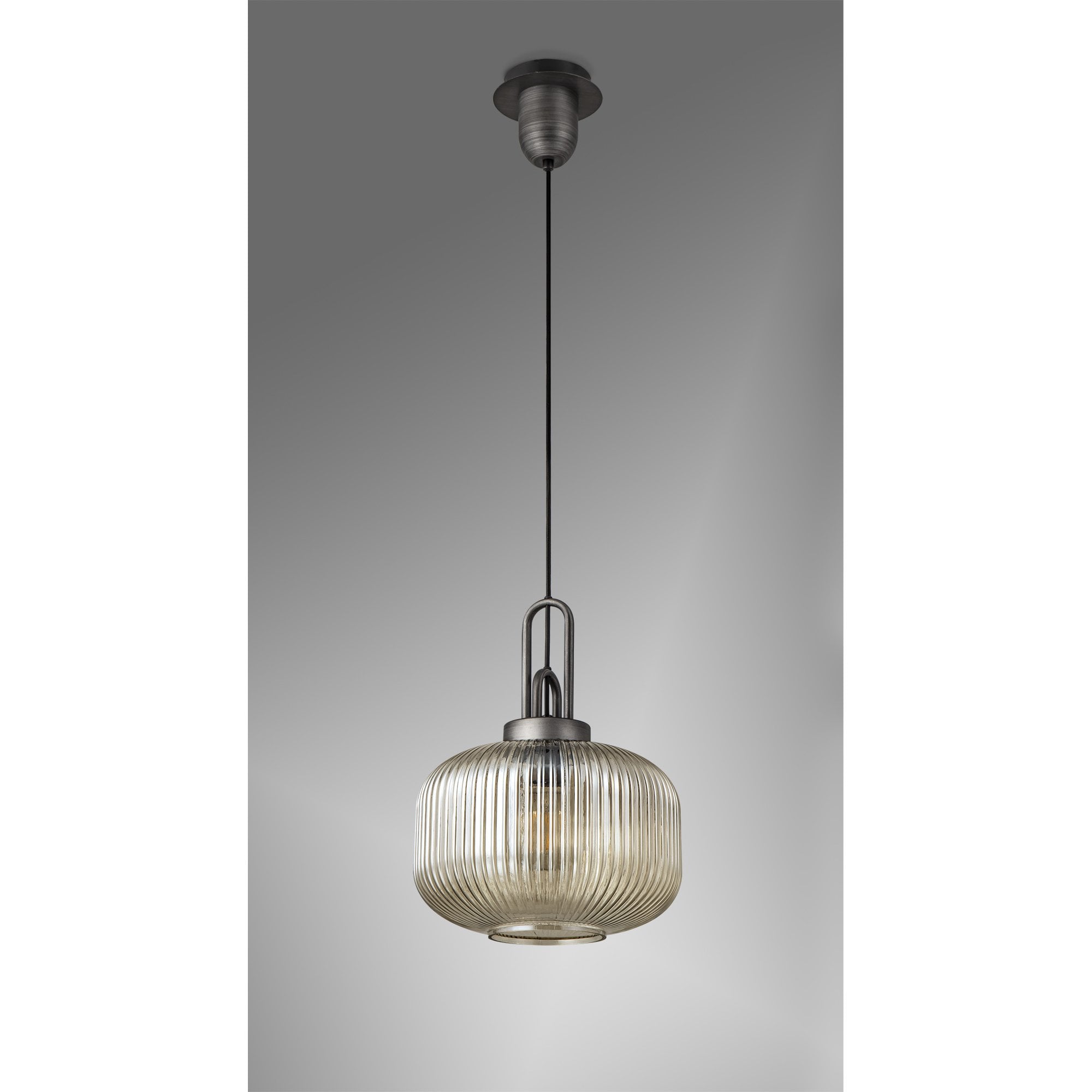 Fabula Springfield Single Pendant - 30cm Pumpkin Shaped Ribbed Glass Shade - Aged Pewter & Champagne Glass