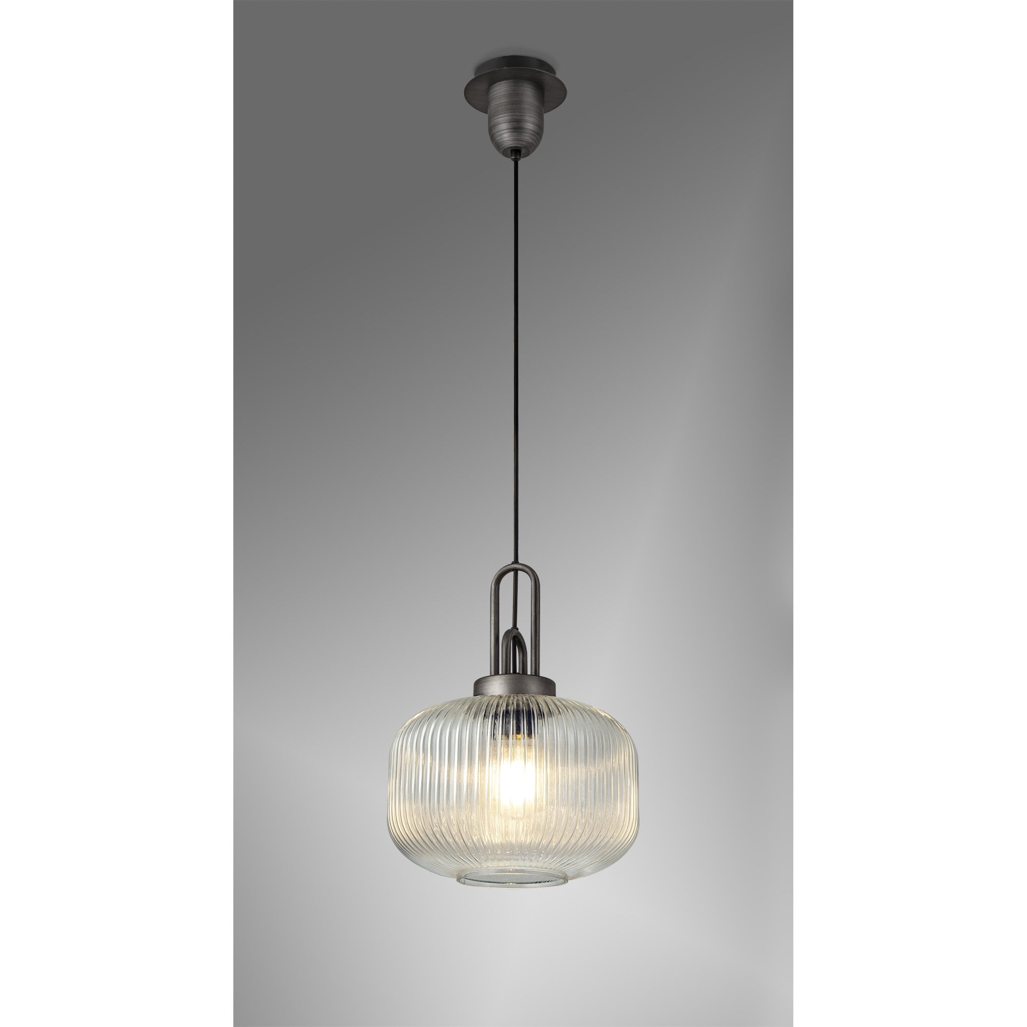 Fabula Springfield Single Pendant - 30cm Pumpkin Shaped Ribbed Glass Shade - Aged Pewter & Clear Glass
