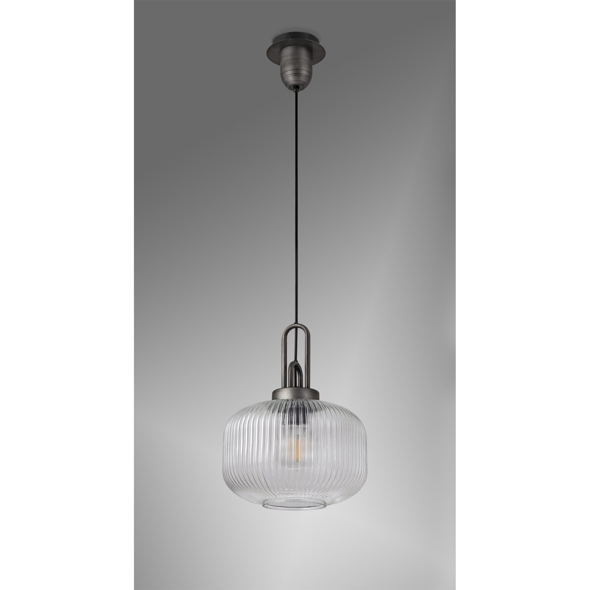 Fabula Springfield Single Pendant - 30cm Pumpkin Shaped Ribbed Glass Shade - Aged Pewter & Clear Glass