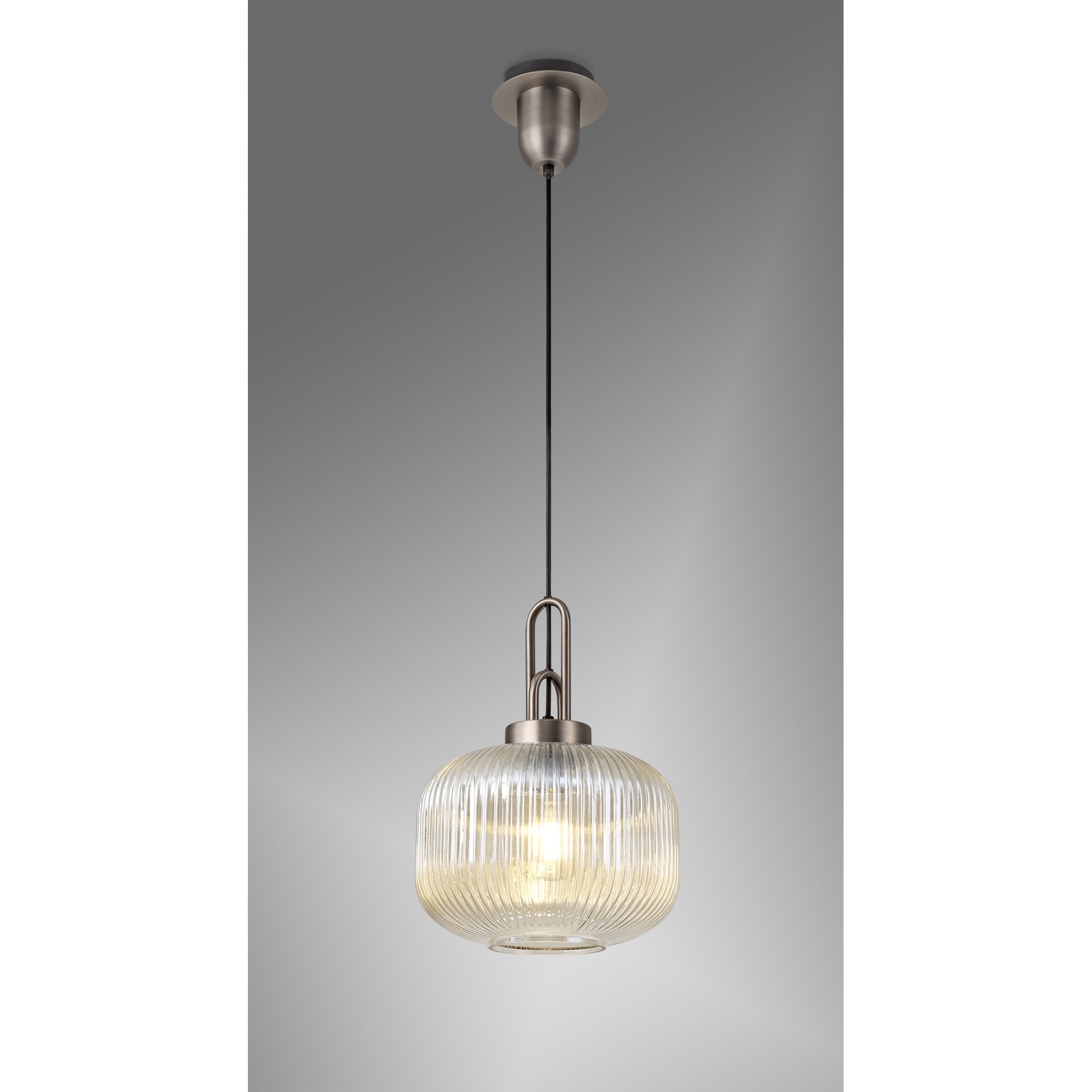 Fabula Springfield Single Pendant - 30cm Pumpkin Shaped Ribbed Glass Shade - Antique Silver & Champagne Glass