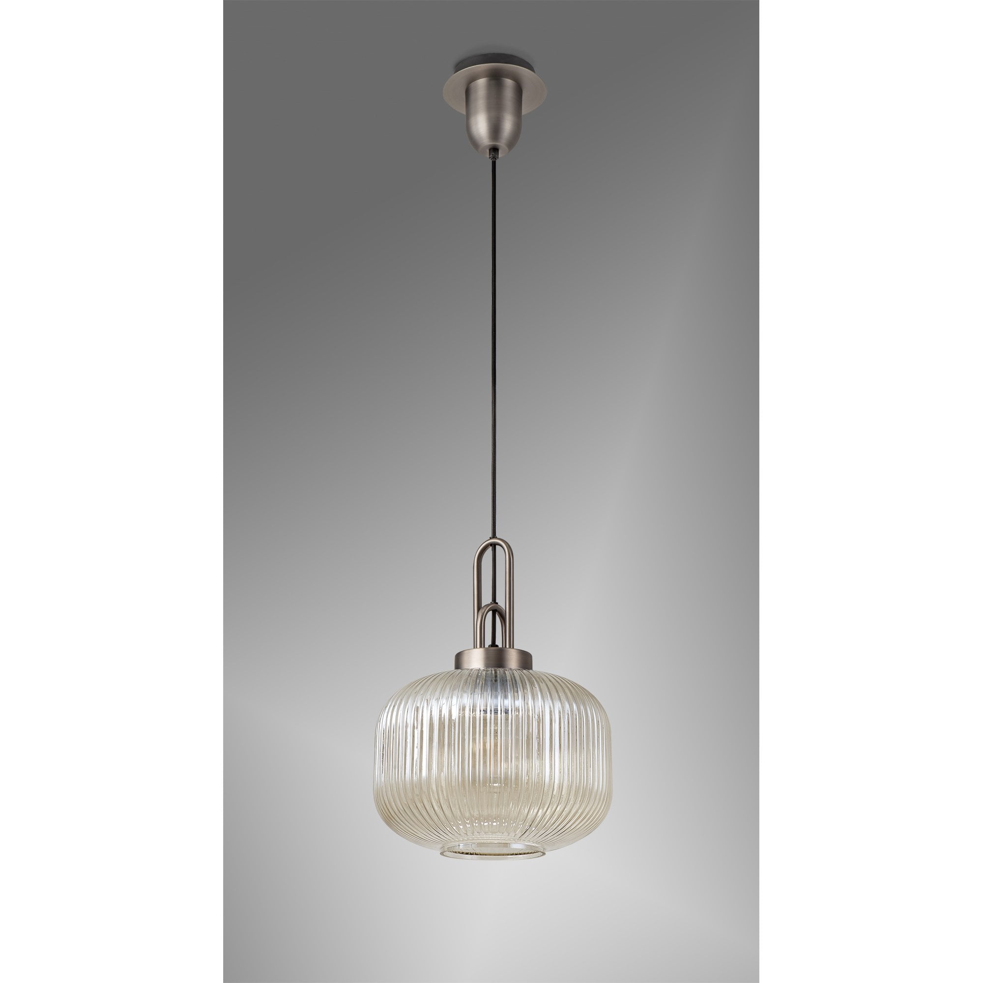 Fabula Springfield Single Pendant - 30cm Pumpkin Shaped Ribbed Glass Shade - Antique Silver & Champagne Glass
