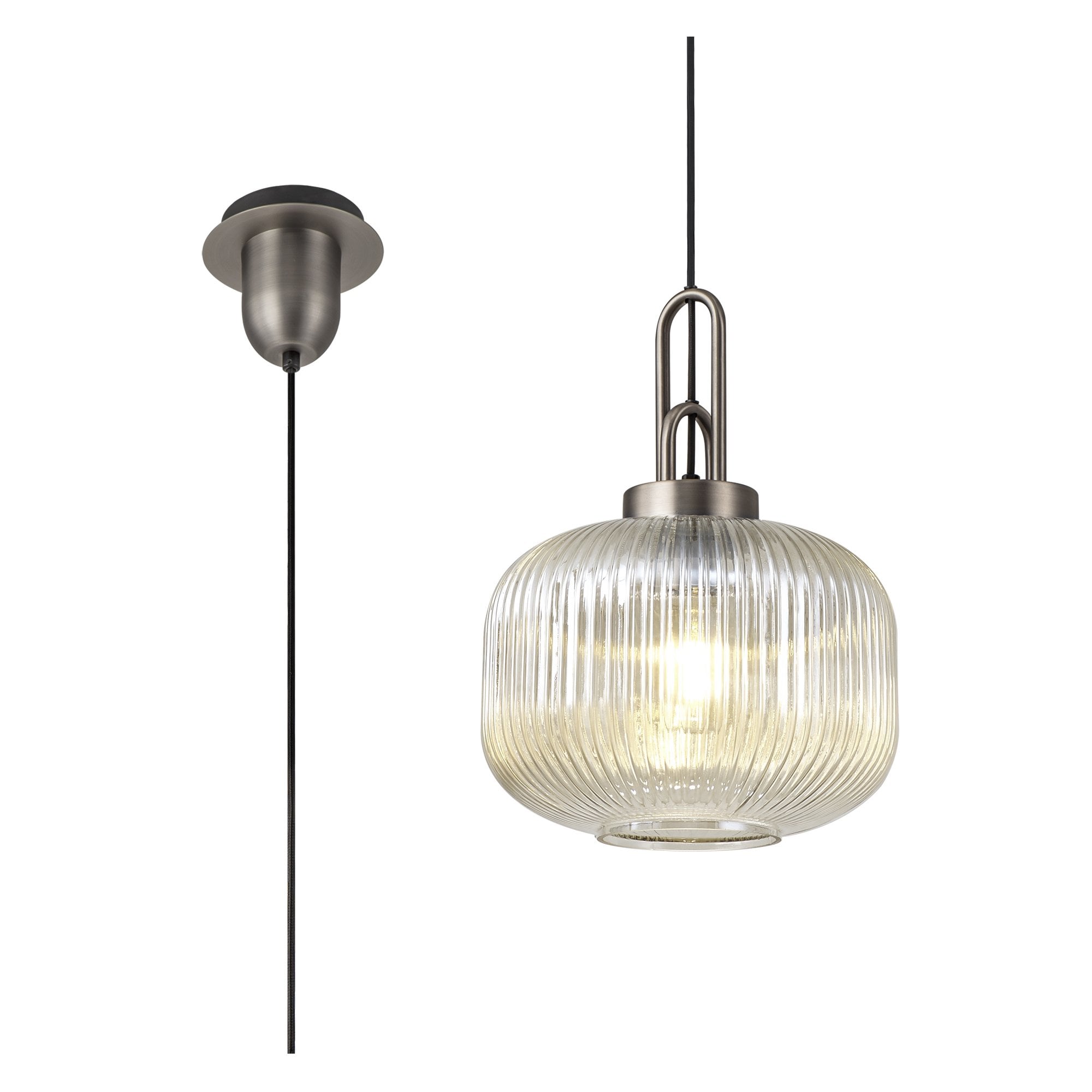 Fabula Springfield Single Pendant - 30cm Pumpkin Shaped Ribbed Glass Shade - Antique Silver & Champagne Glass