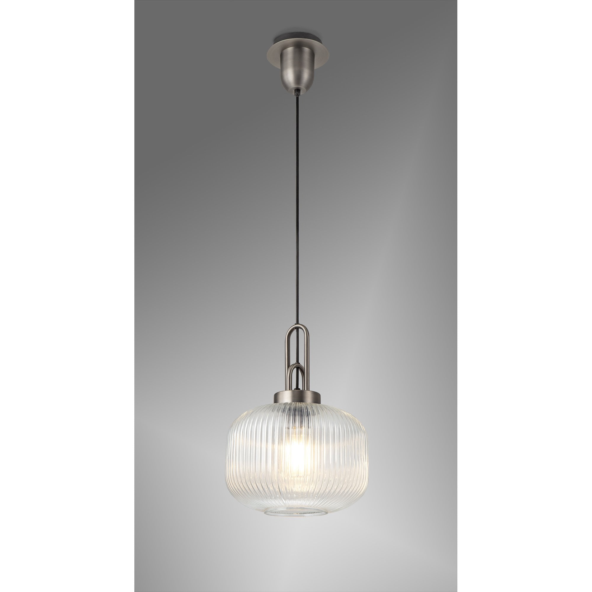 Fabula Springfield Single Pendant - 30cm Pumpkin Shaped Ribbed Glass Shade - Antique Silver & Clear Glass