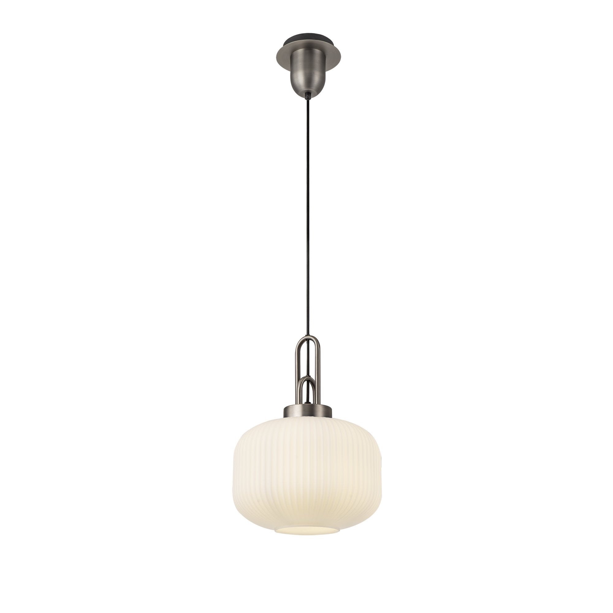 Fabula Springfield Single Pendant - 30cm Pumpkin Shaped Ribbed Glass Shade - Antique Silver & Opal Glass