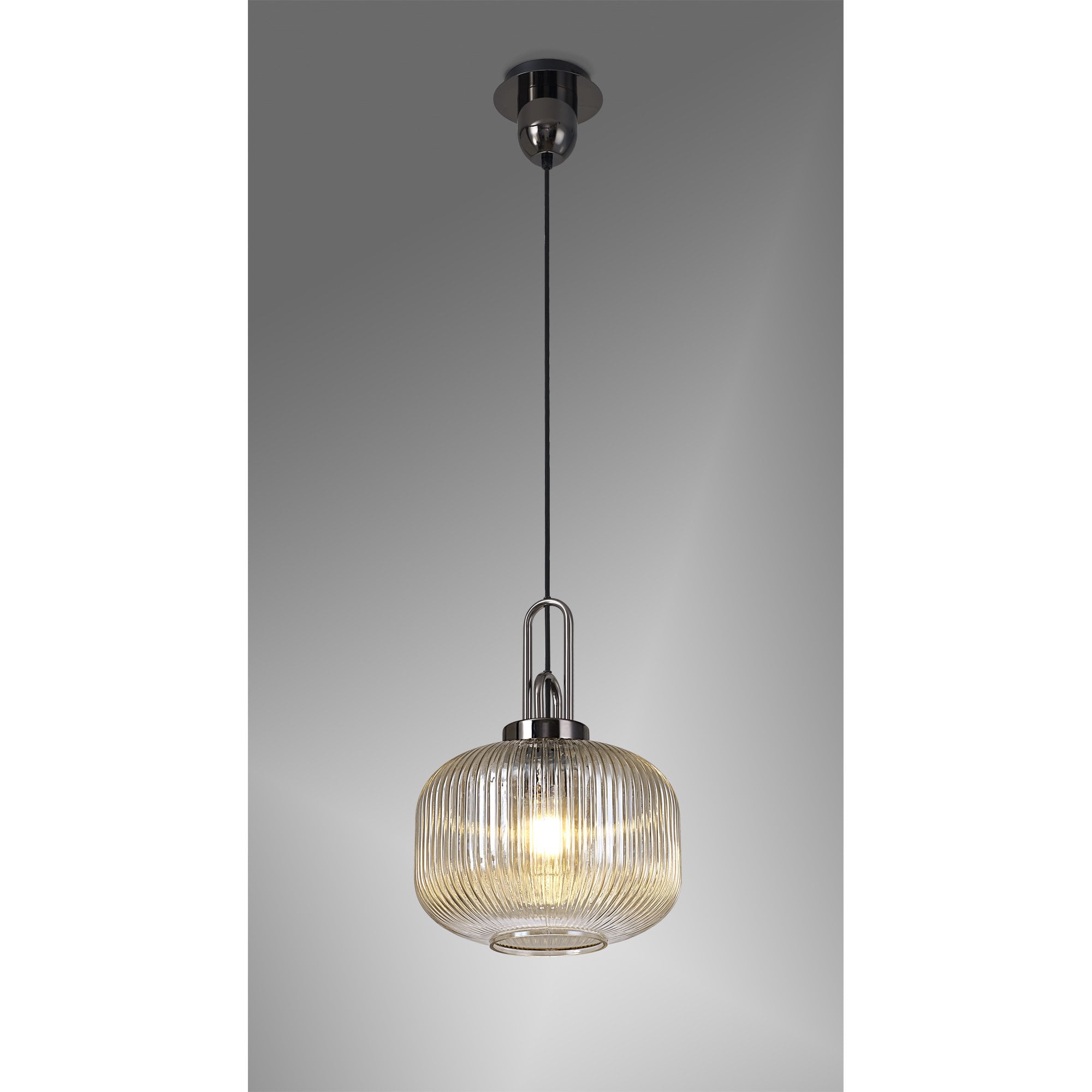 Fabula Springfield Single Pendant - 30cm Pumpkin Shaped Ribbed Glass Shade - Black Chrome & Champagne Glass