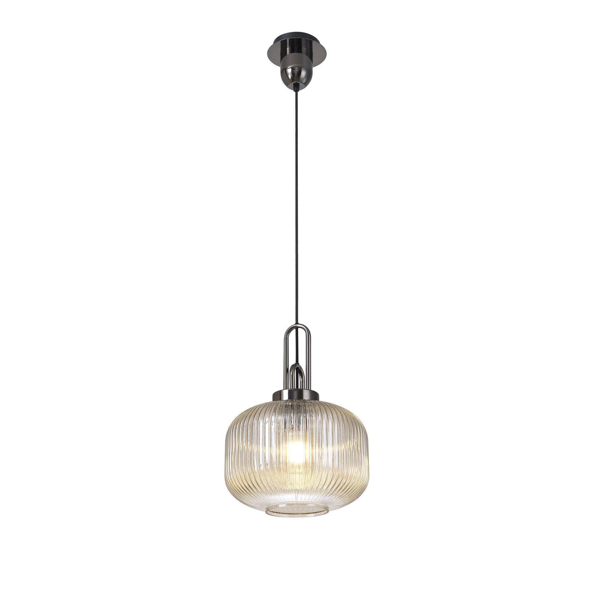 Fabula Springfield Single Pendant - 30cm Pumpkin Shaped Ribbed Glass Shade - Black Chrome & Champagne Glass