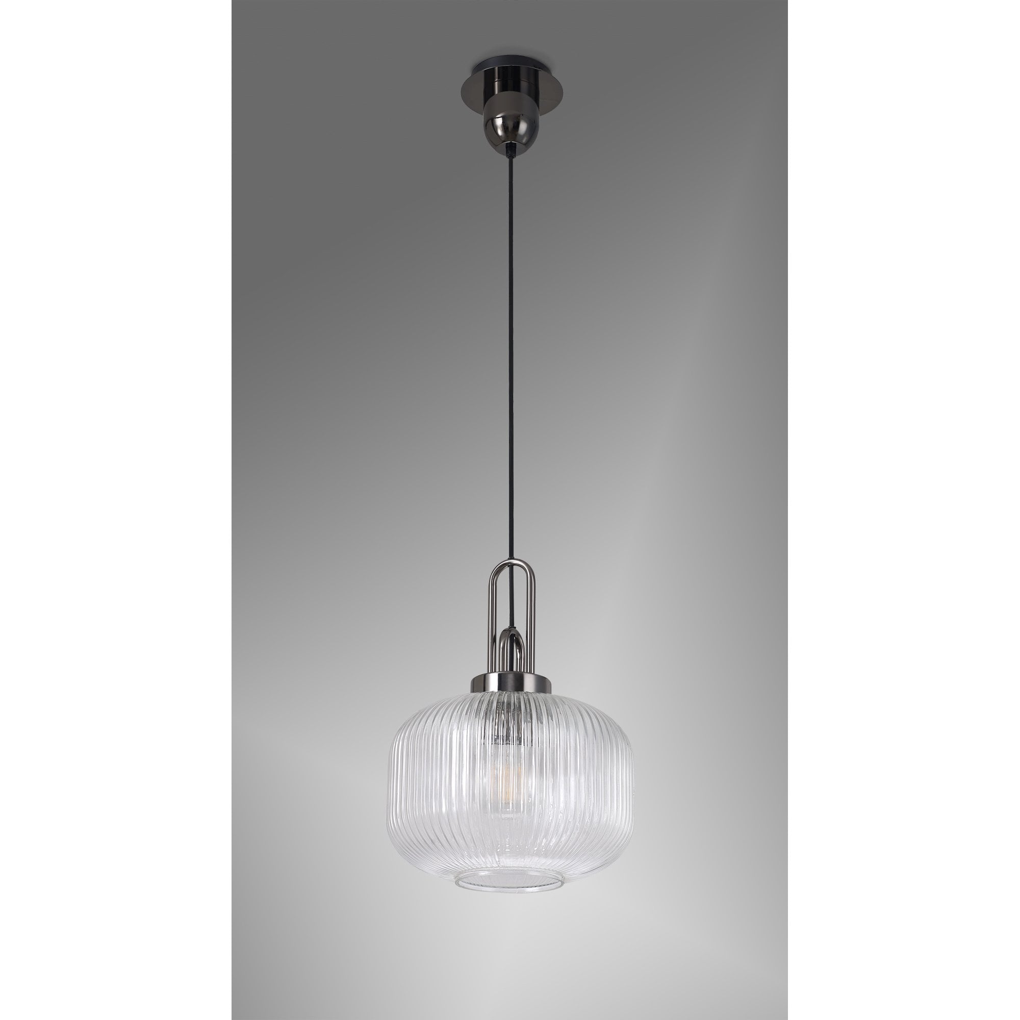 Fabula Springfield Single Pendant - 30cm Pumpkin Shaped Ribbed Glass Shade - Black Chrome & Clear Glass