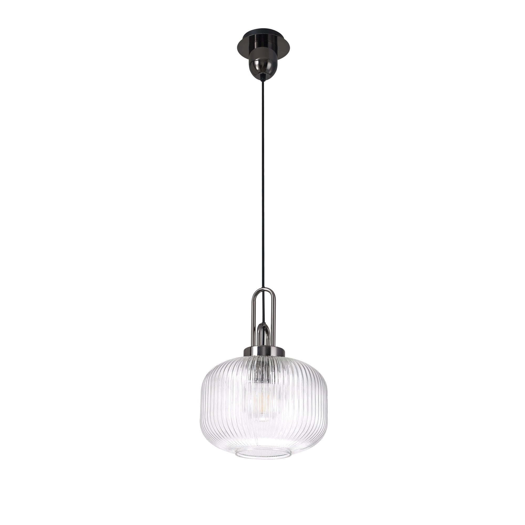 Fabula Springfield Single Pendant - 30cm Pumpkin Shaped Ribbed Glass Shade - Black Chrome & Clear Glass