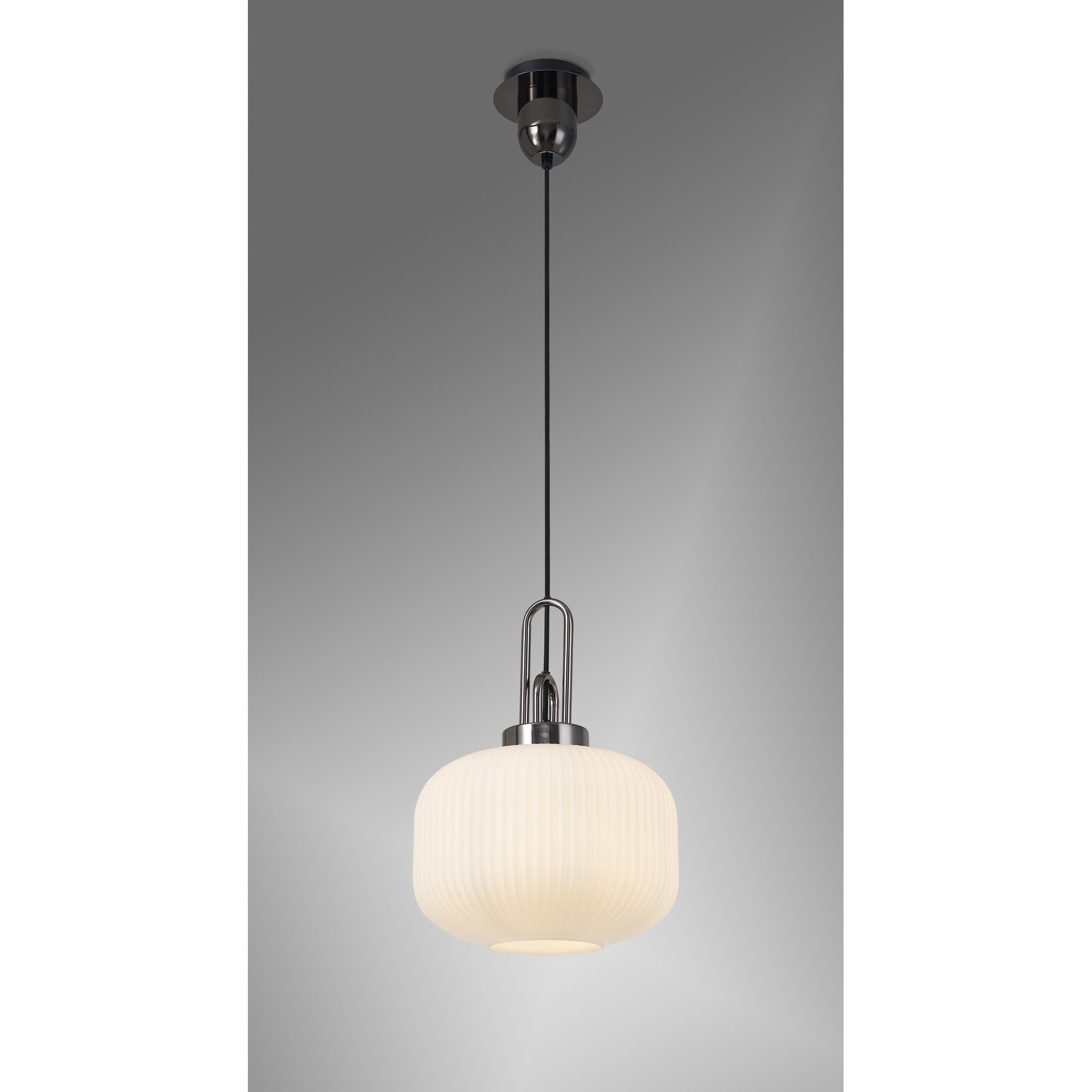 Fabula Springfield Single Pendant - 30cm Pumpkin Shaped Ribbed Glass Shade - Black Chrome & Opal Glass