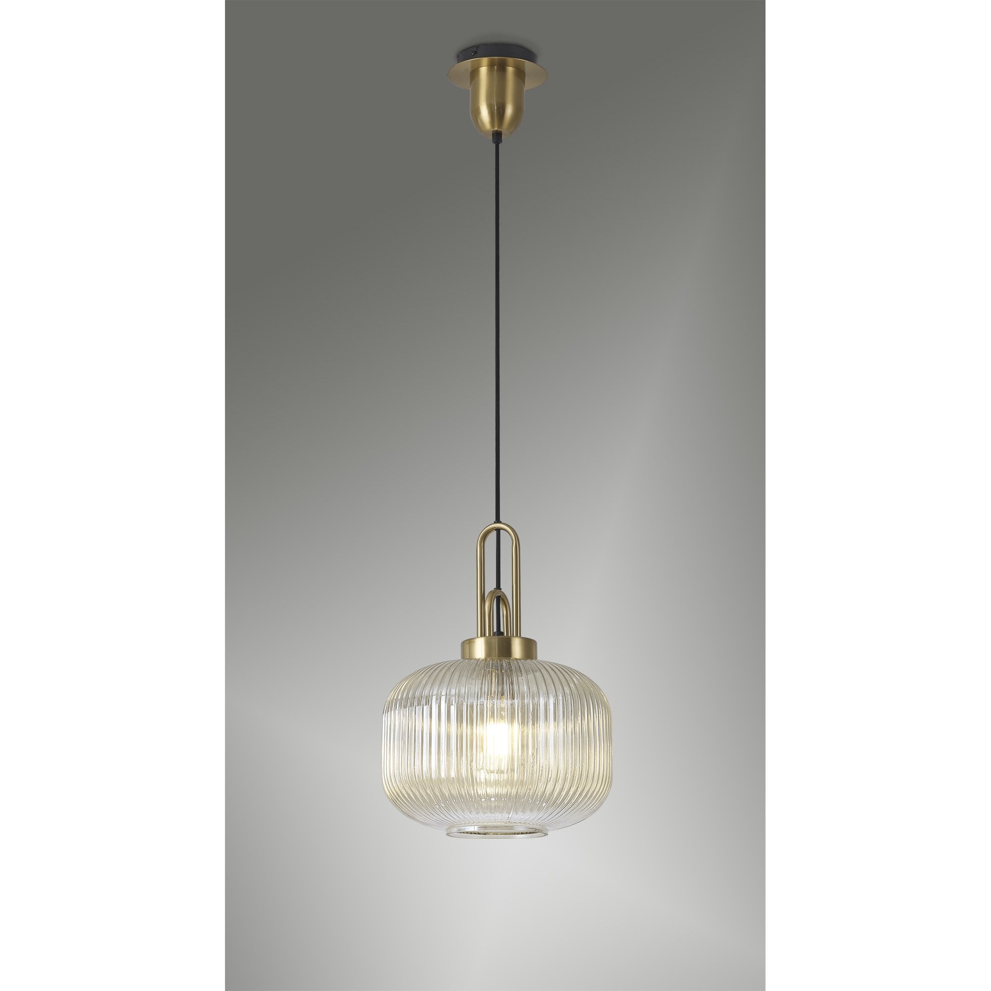 Fabula Springfield Single Pendant - 30cm Pumpkin Shaped Ribbed Glass Shade - Brass Gold & Champagne Glass