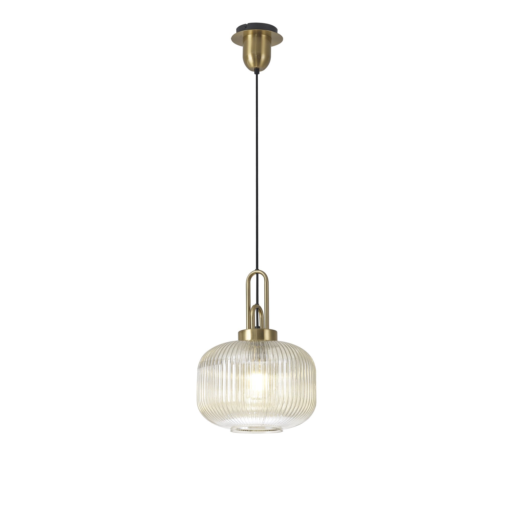 Fabula Springfield Single Pendant - 30cm Pumpkin Shaped Ribbed Glass Shade - Brass Gold & Champagne Glass