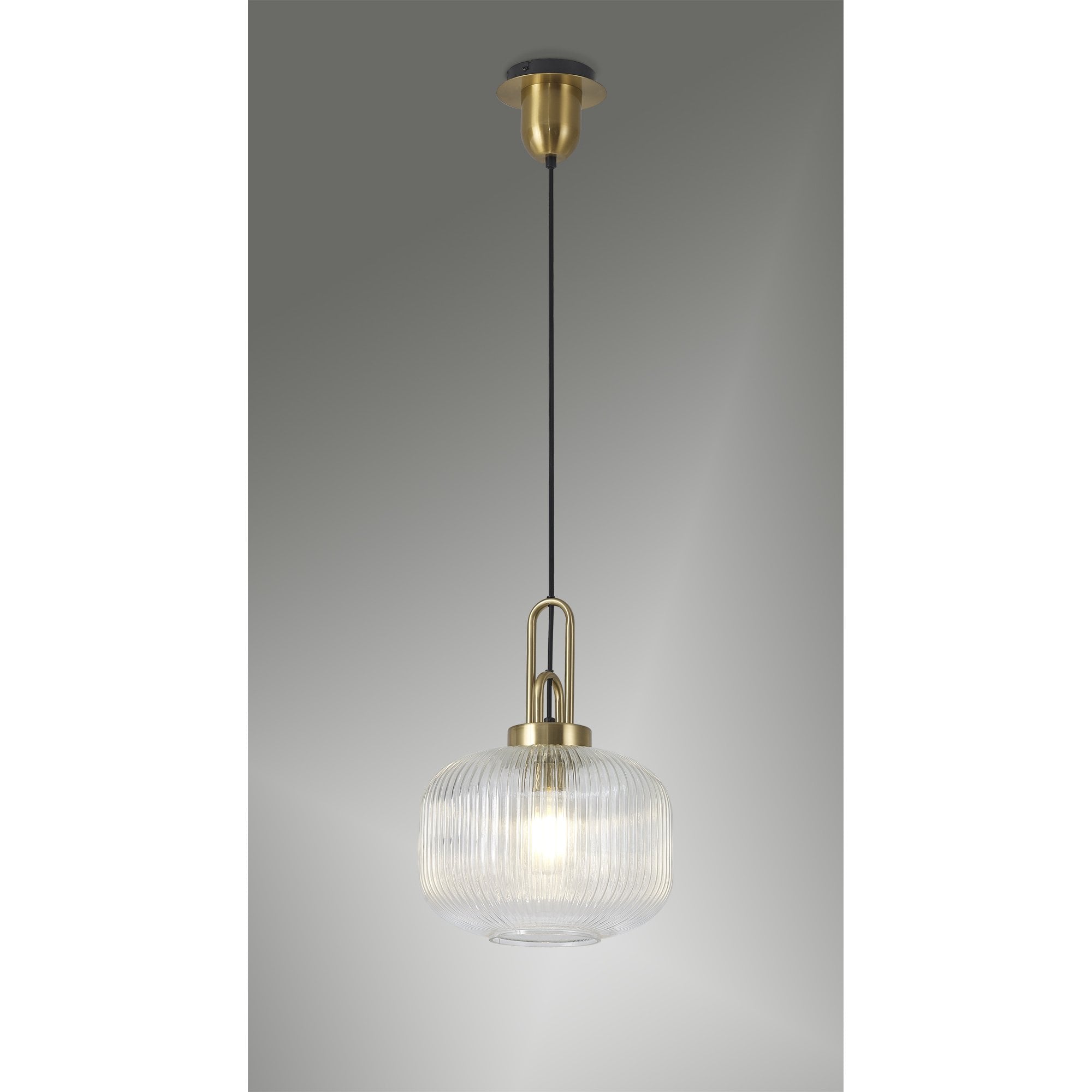 Fabula Springfield Single Pendant - 30cm Pumpkin Shaped Ribbed Glass Shade - Brass Gold & Clear Glass