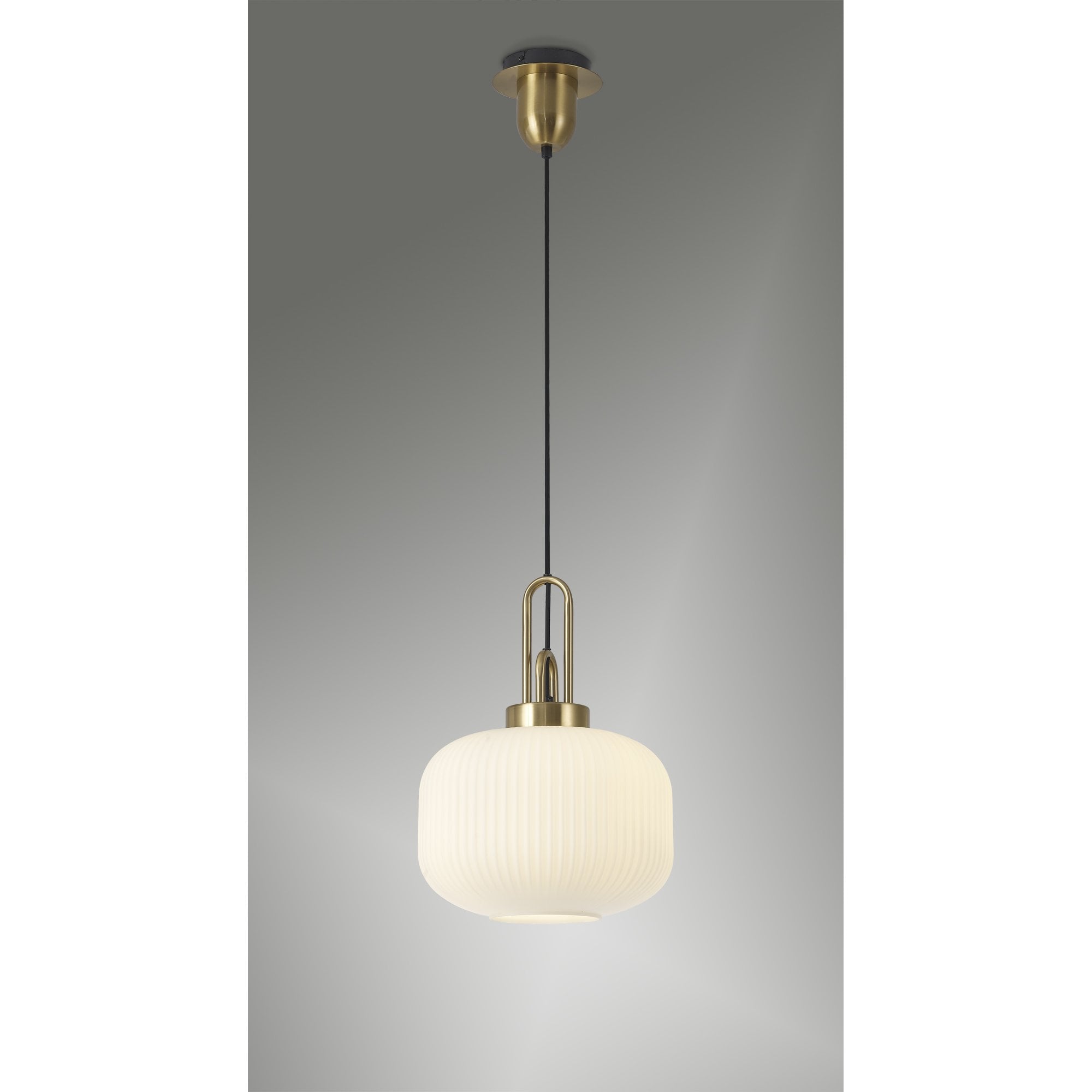 Fabula Springfield Single Pendant - 30cm Pumpkin Shaped Ribbed Glass Shade - Brass Gold & Opal Glass